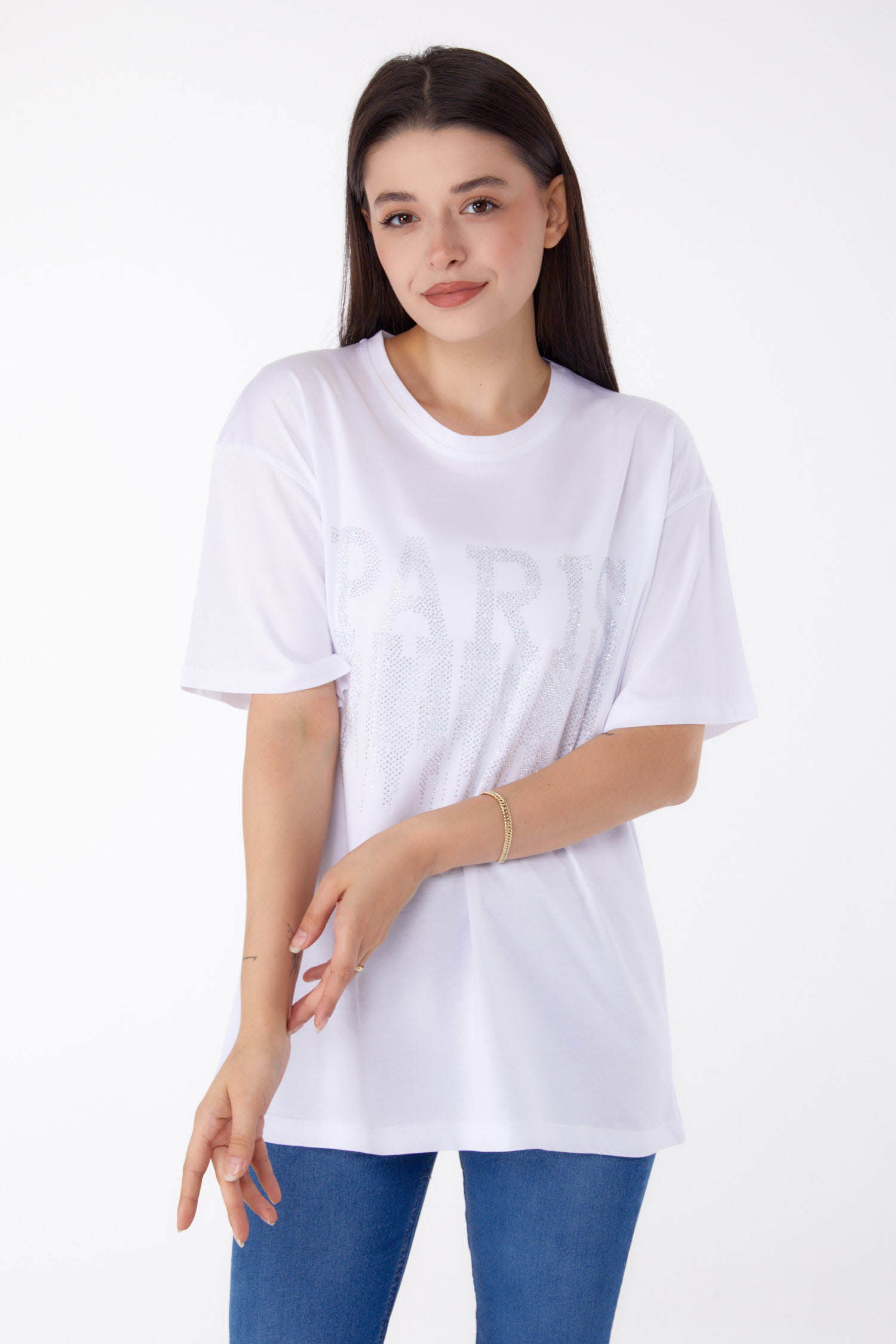 Taşlı T-shirt Beyaz - 25698 - 2