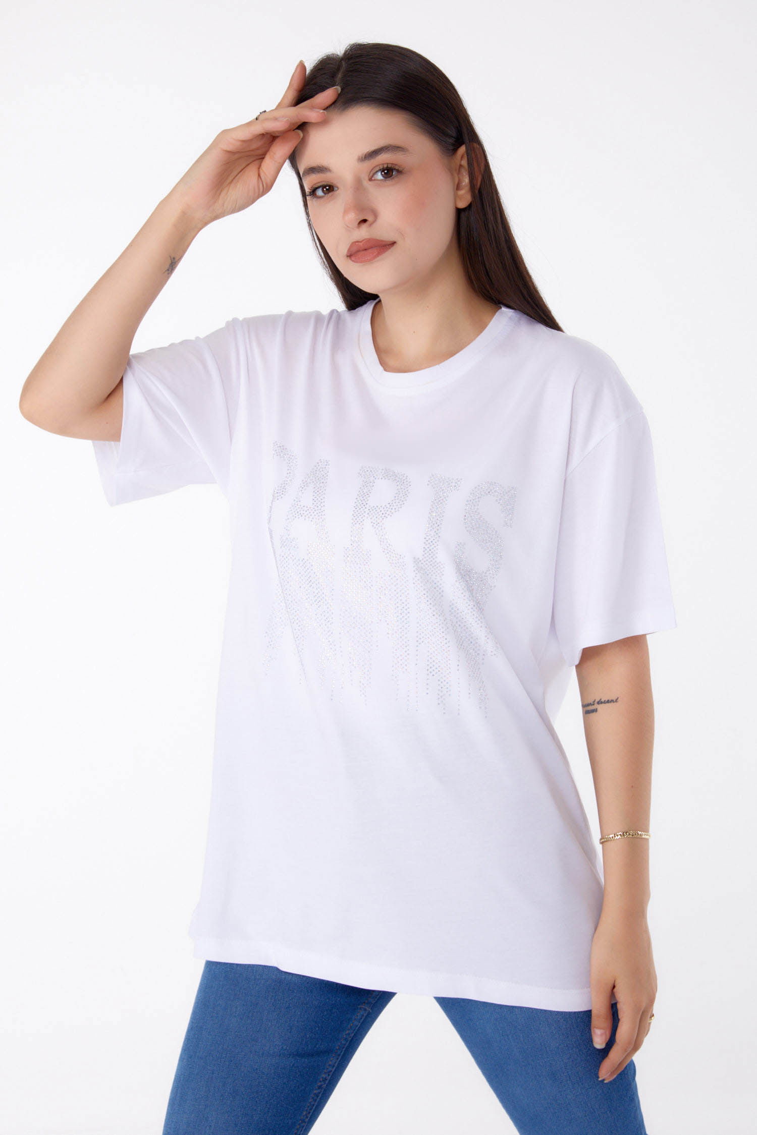Taşlı T-shirt Beyaz - 25698 - 4