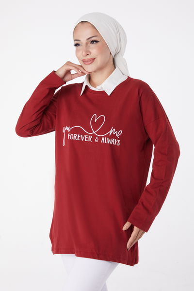 Düz Bisiklet Yaka Kadın Bordo Baskılı Sweat - 26238 
