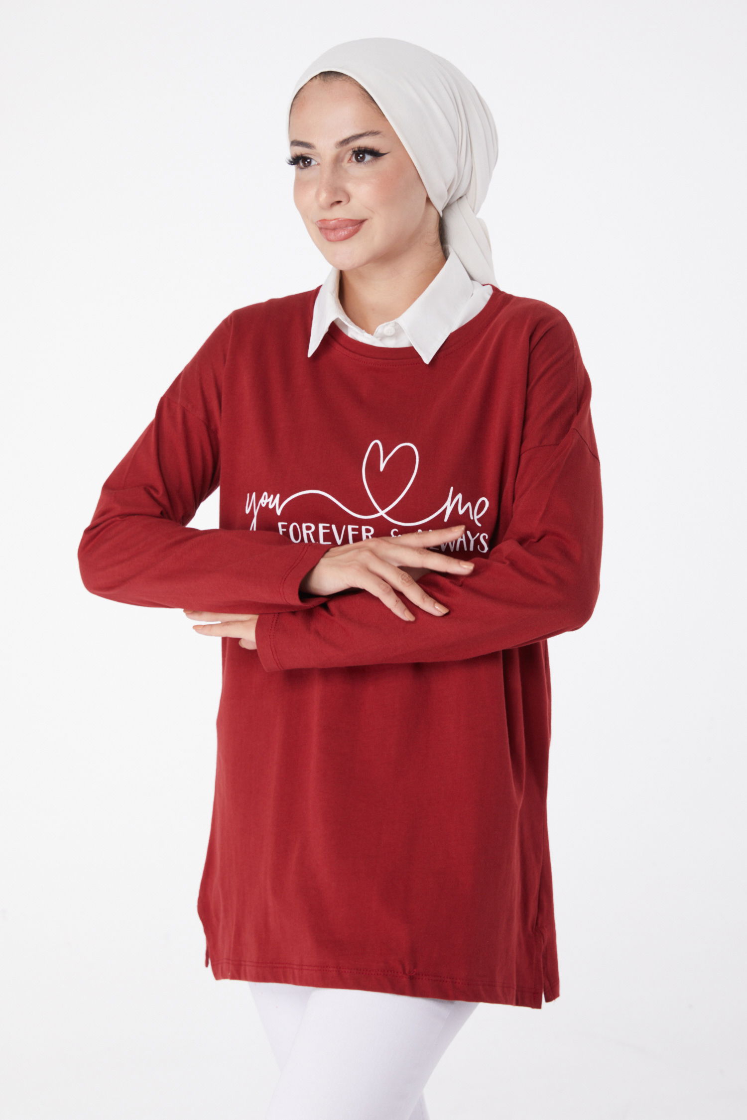 Düz Bisiklet Yaka Kadın Bordo Baskılı Sweat - 26238 - 2
