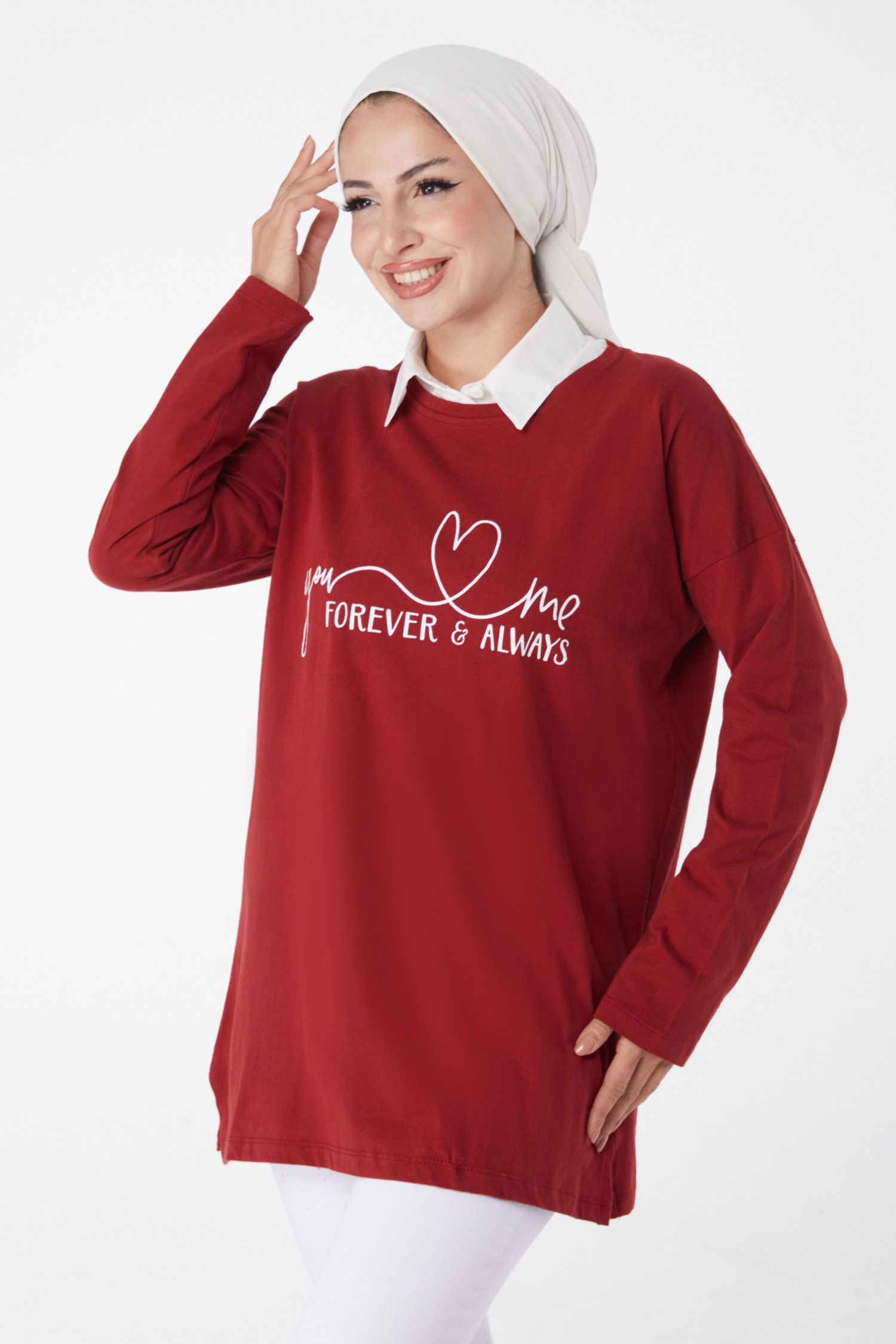 Düz Bisiklet Yaka Kadın Bordo Baskılı Sweat - 26238 - 3