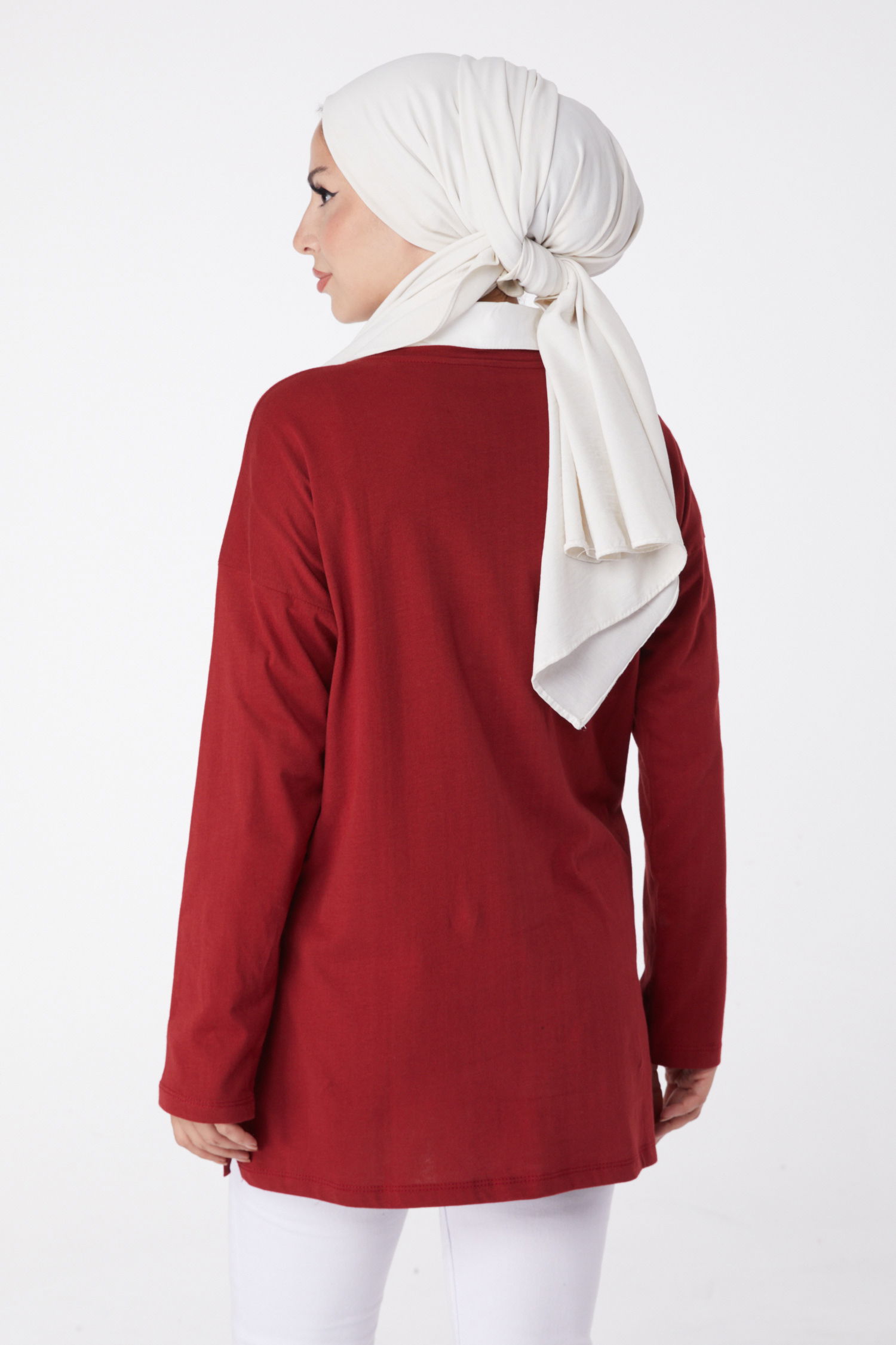 Düz Bisiklet Yaka Kadın Bordo Baskılı Sweat - 26238 - 5