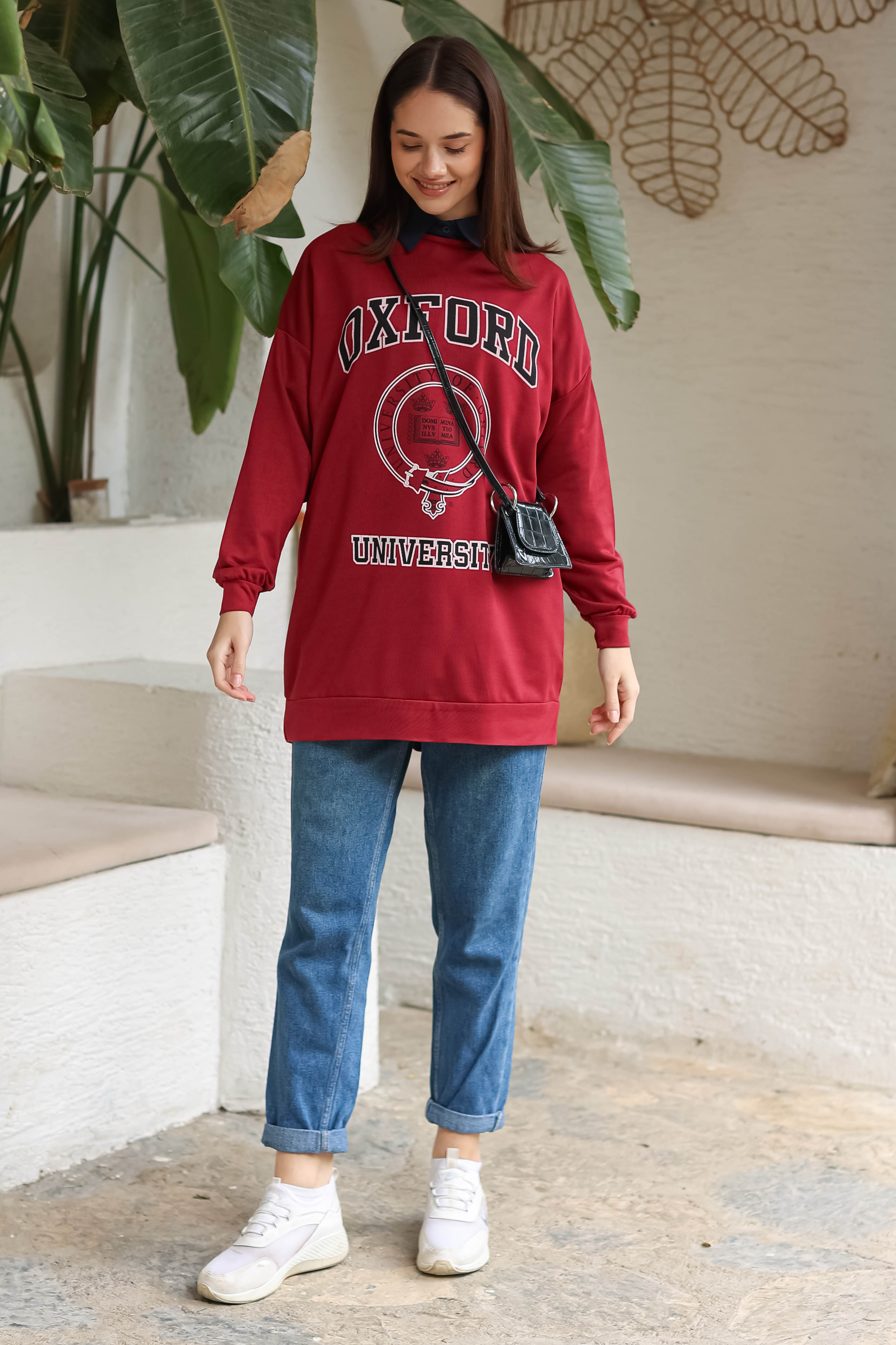 Baskılı Sweatshirt Bordo - 13281 - 1