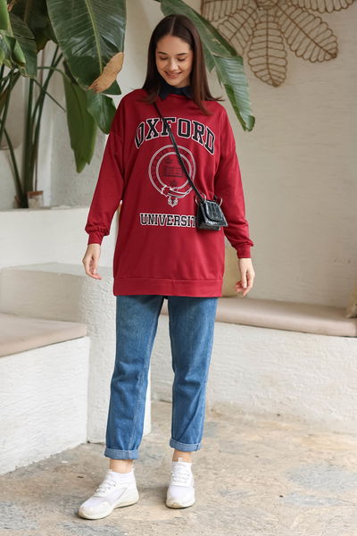 Baskılı Sweatshirt Bordo - 13281 