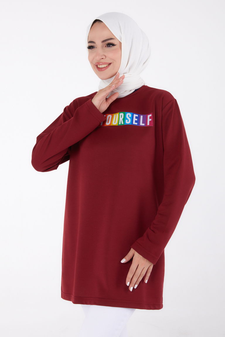 Baskılı Sweatshirt Bordo - 13331 - TOFİSA