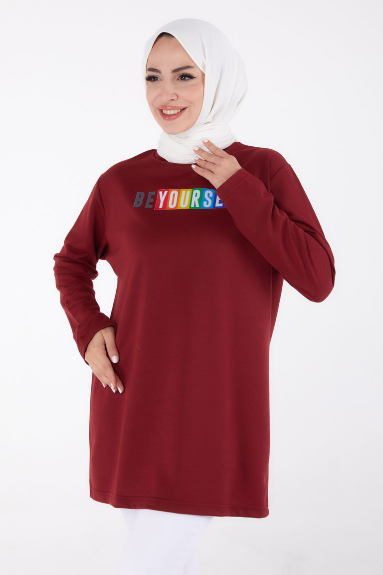 Baskılı Sweatshirt Bordo - 13331 - TOFİSA