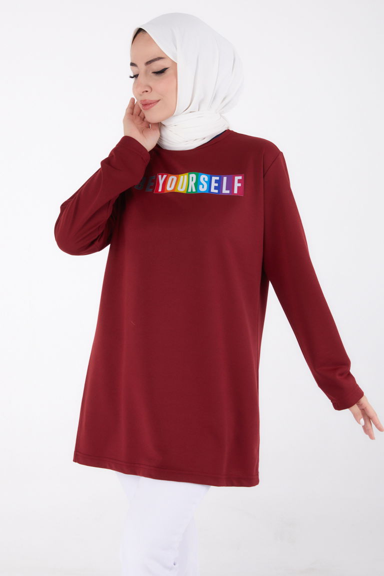 Baskılı Sweatshirt Bordo - 13331 - TOFİSA