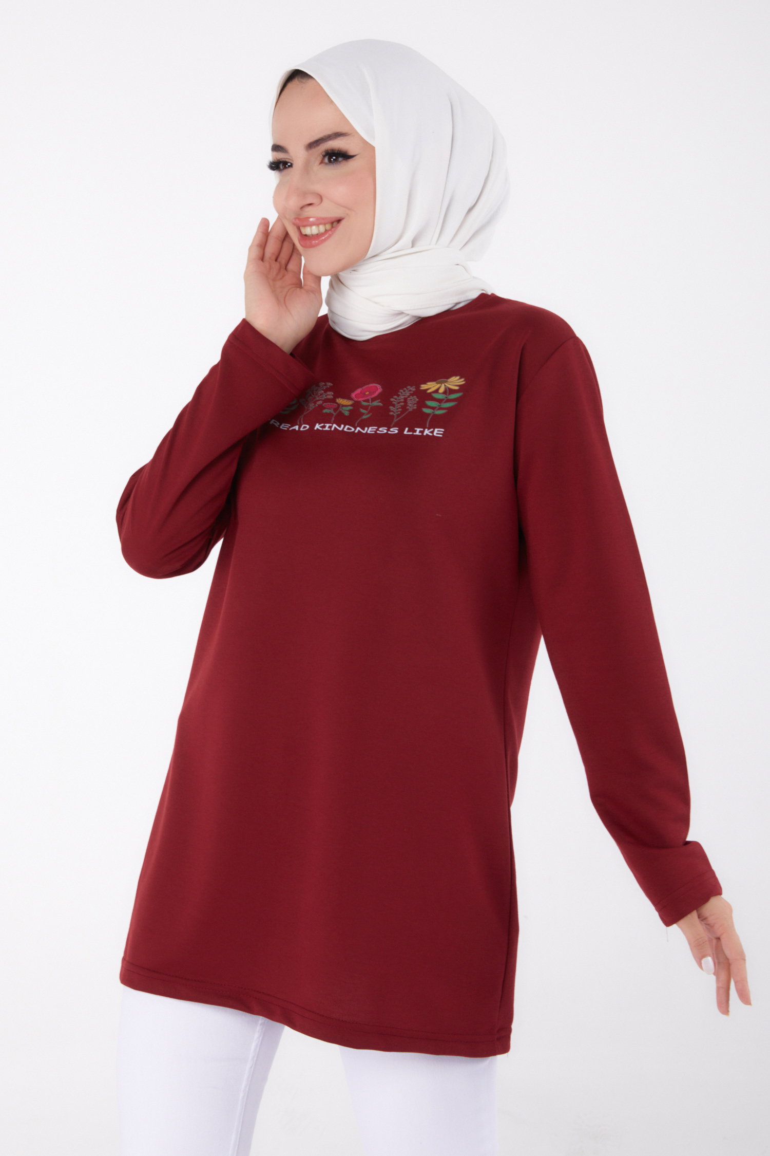 Baskılı Sweatshirt Bordo - 13332 - 1