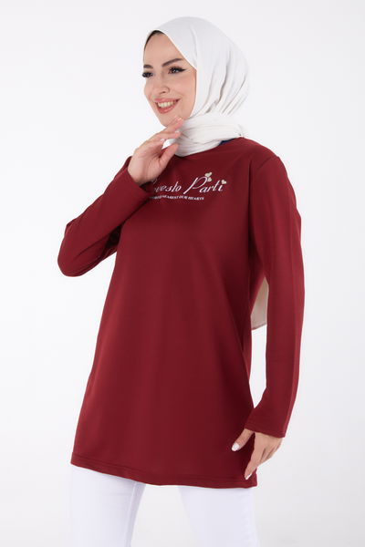 Baskılı Sweatshirt Bordo - 13335 