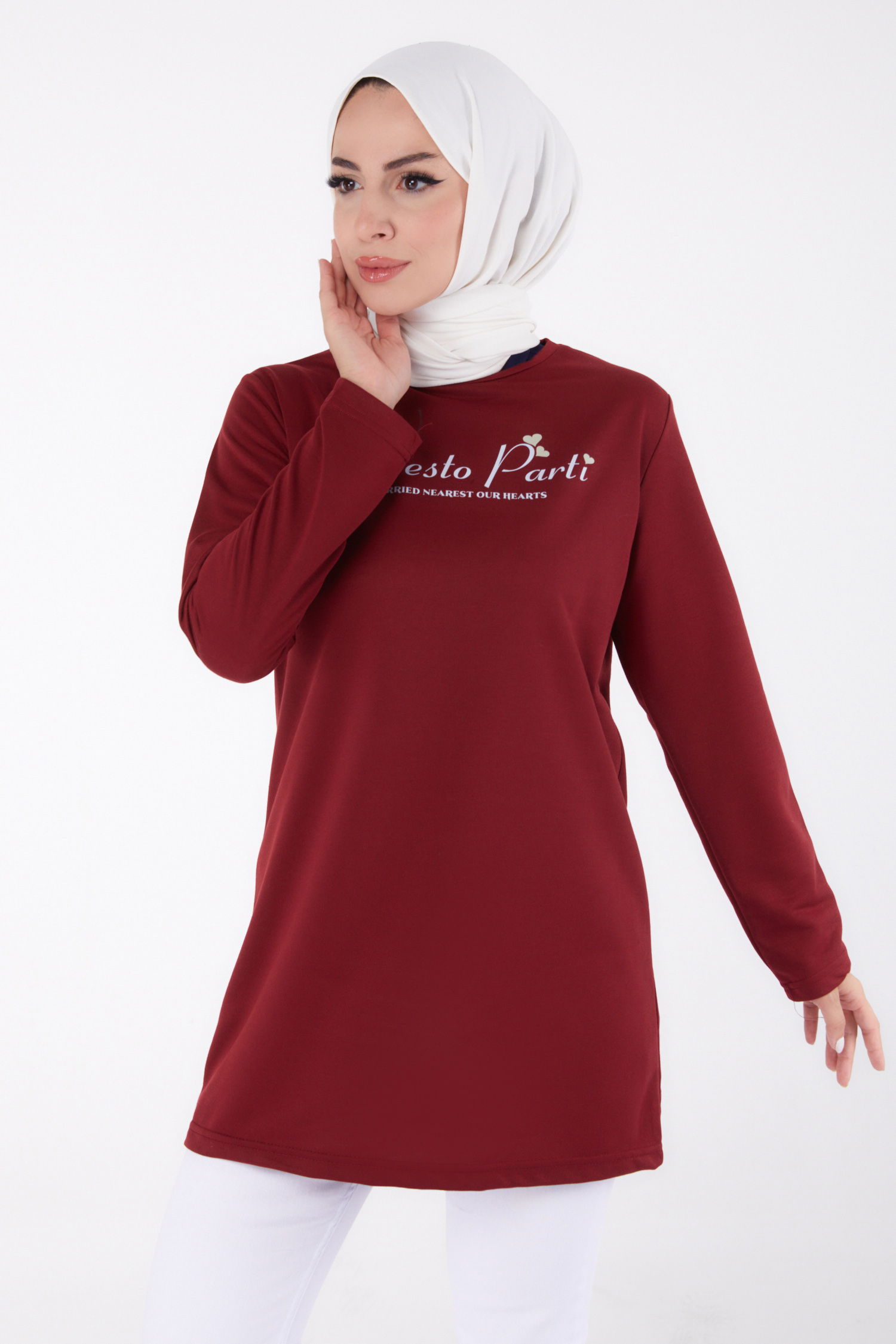 Baskılı Sweatshirt Bordo - 13335 - 3
