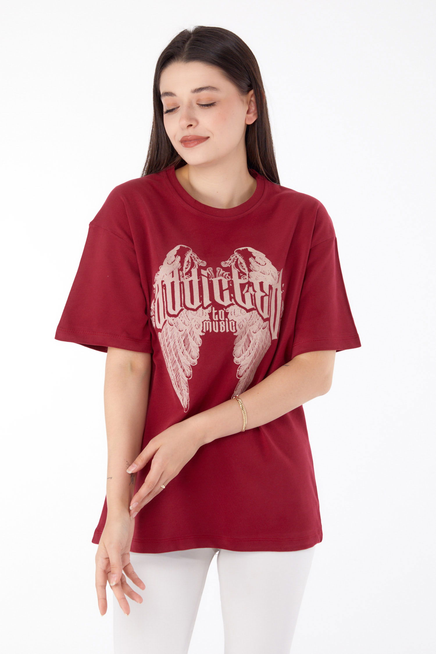 Düz Bisiklet Yaka Kadın Bordo Baskılı T-shirt - 25694 - 1