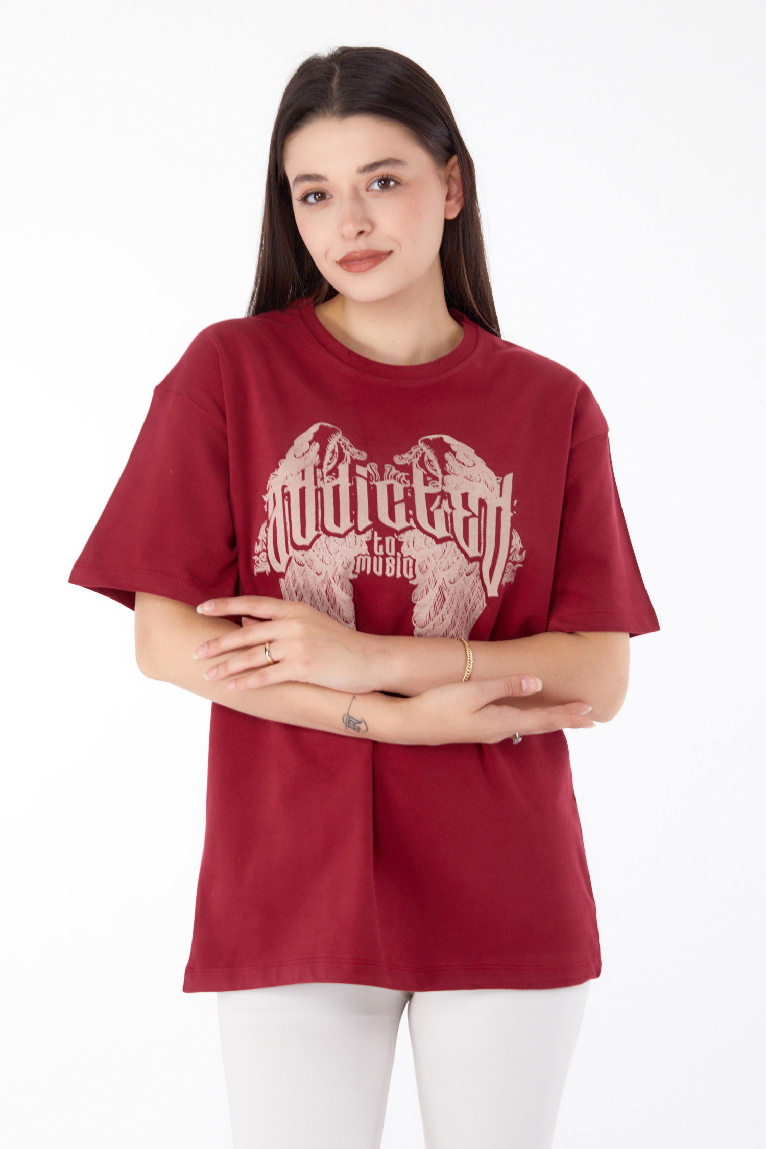 Düz Bisiklet Yaka Kadın Bordo Baskılı T-shirt - 25694 - 2