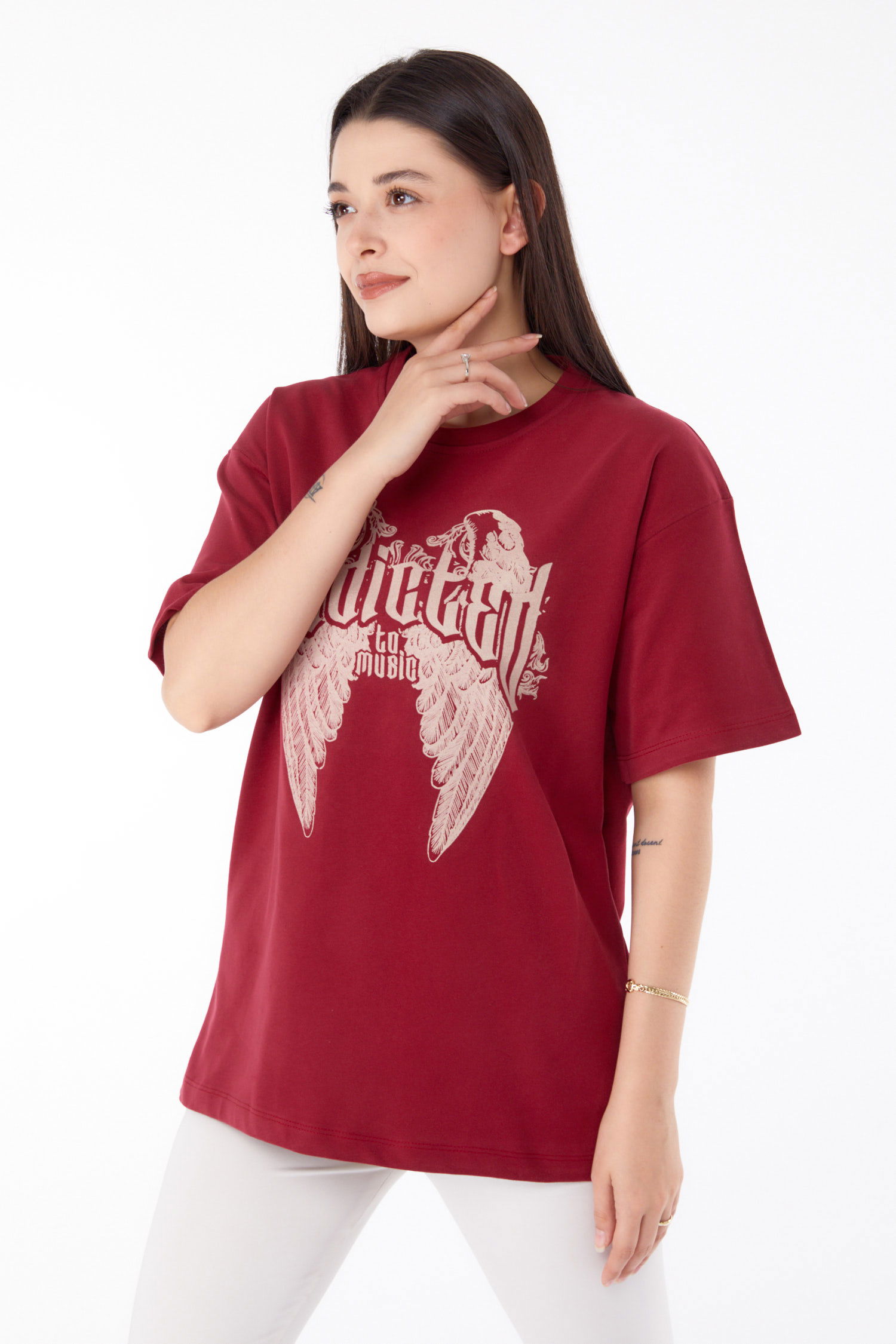 Düz Bisiklet Yaka Kadın Bordo Baskılı T-shirt - 25694 - 3