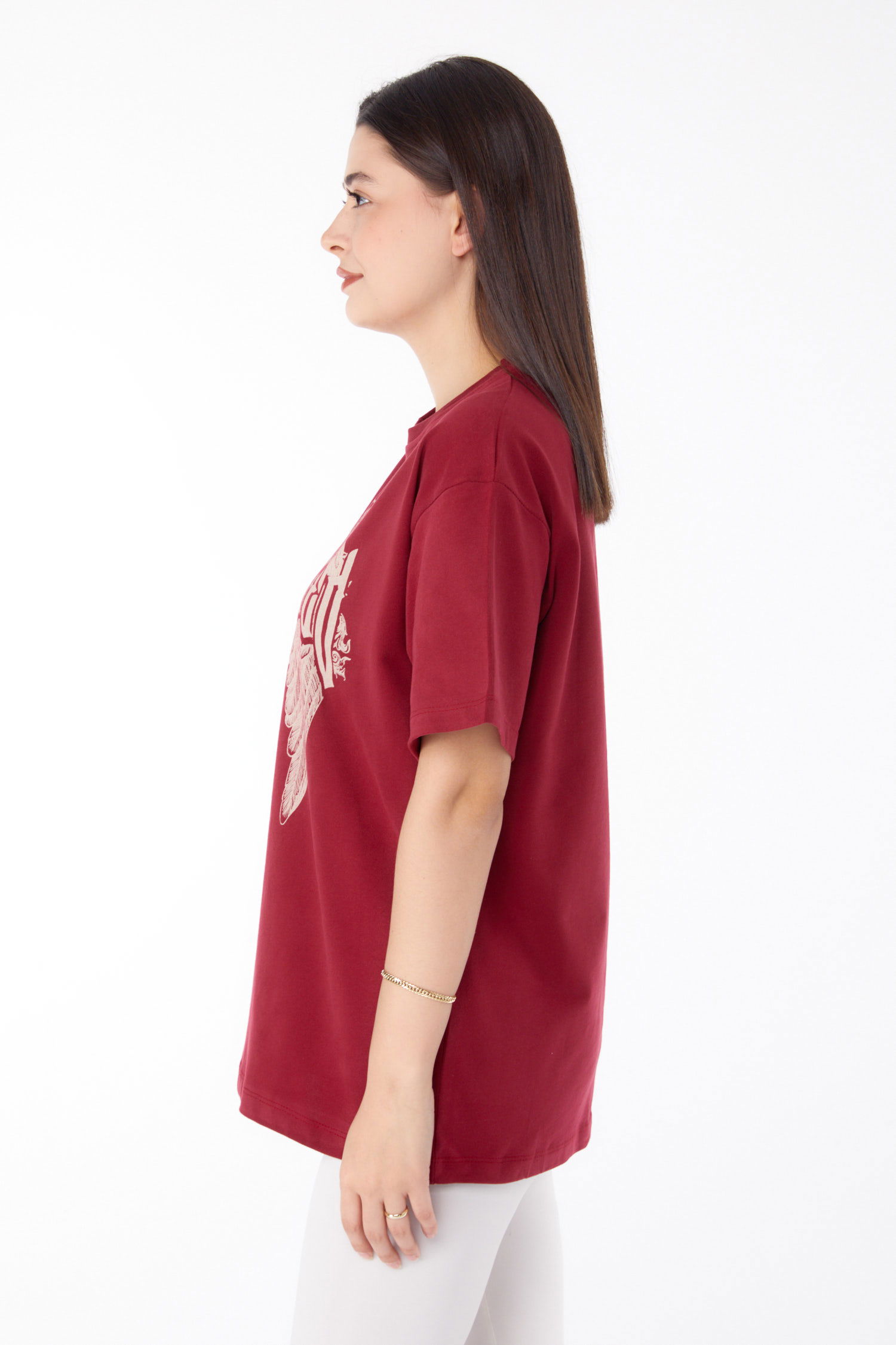 Düz Bisiklet Yaka Kadın Bordo Baskılı T-shirt - 25694 - 4