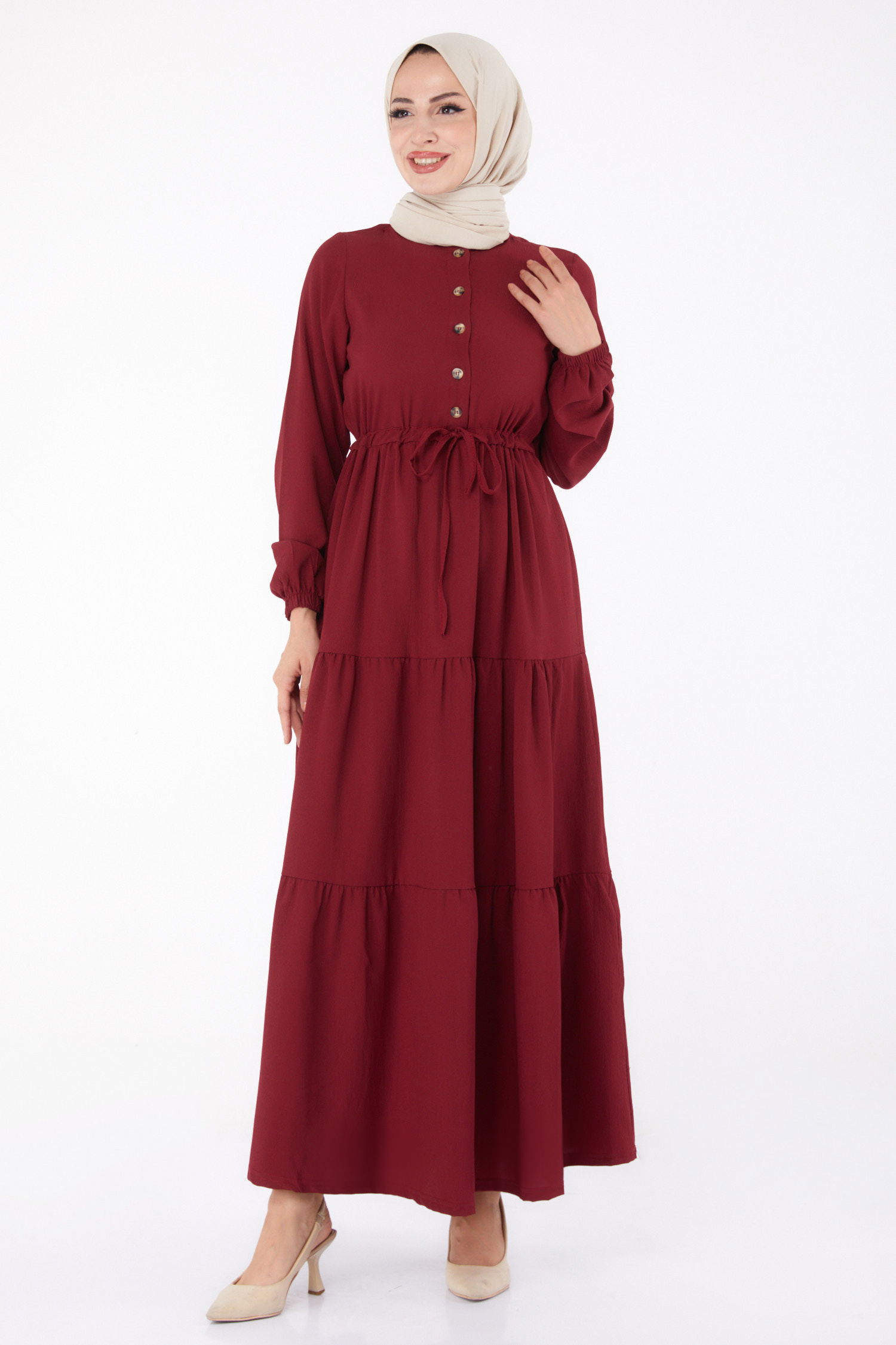 Belden Büzgülü Elbise Bordo - 13302 - 1