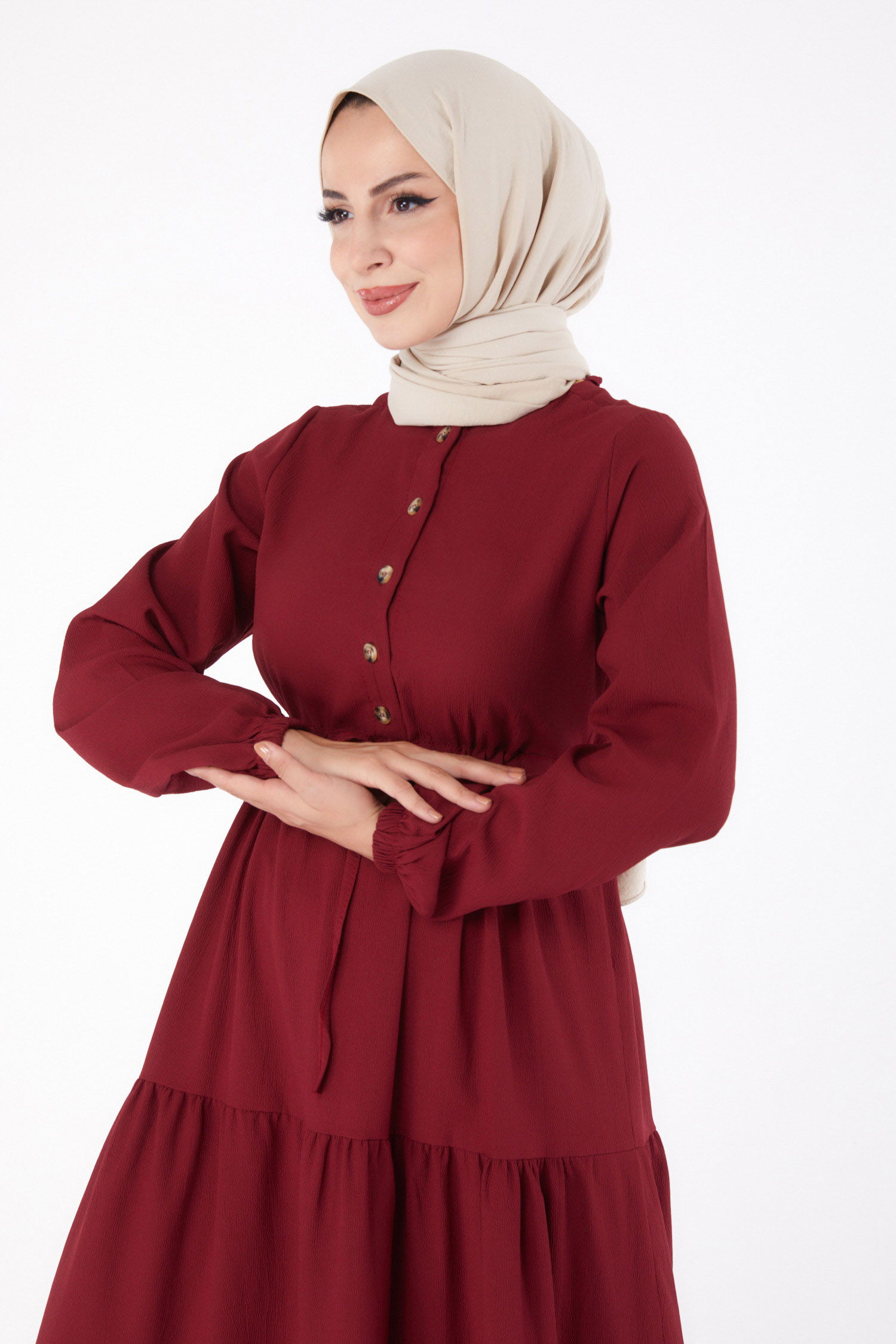 Belden Büzgülü Elbise Bordo - 13302 - 3