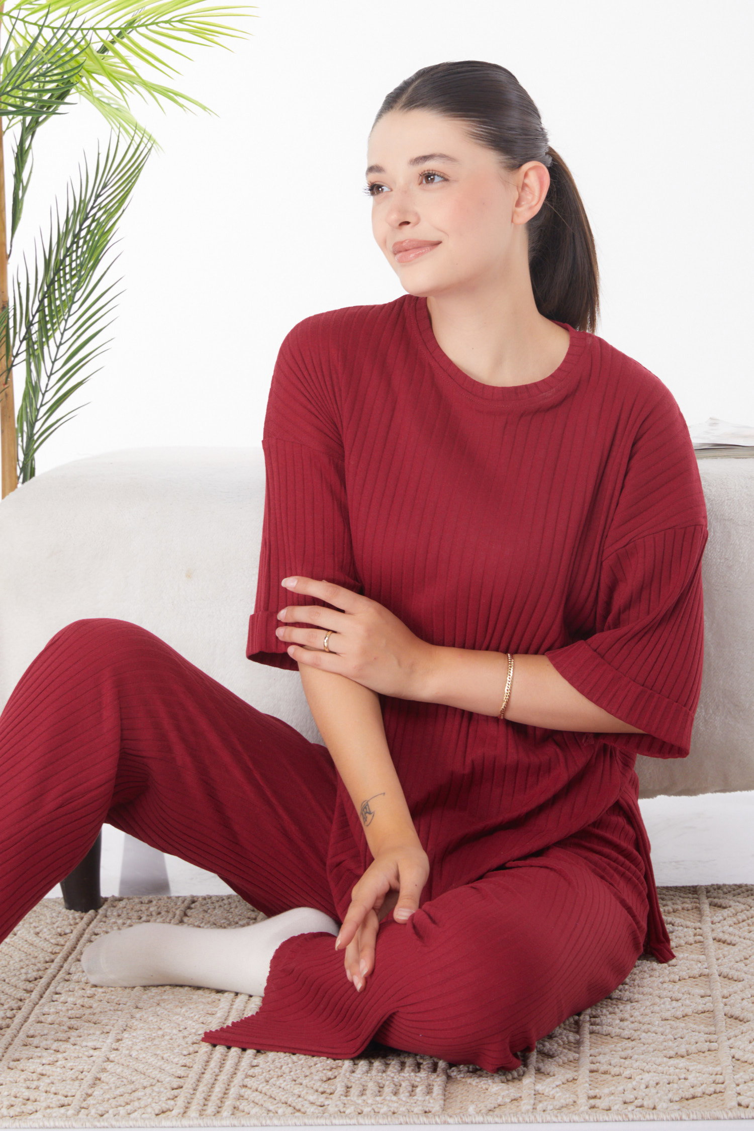 Düz Bisiklet Yaka Kadın Bordo Bislet Yaka Kısa Kollu Pijama Takımı - 24453 - 1