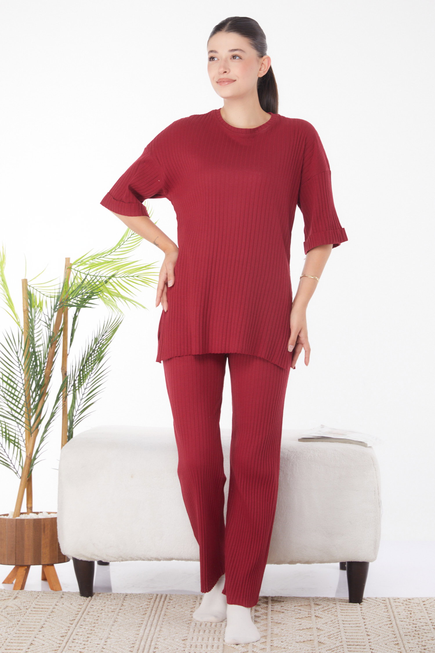 Düz Bisiklet Yaka Kadın Bordo Bislet Yaka Kısa Kollu Pijama Takımı - 24453 - 2