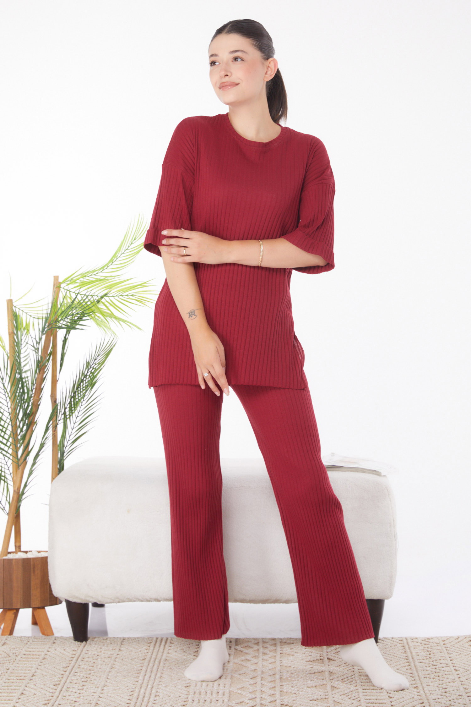 Düz Bisiklet Yaka Kadın Bordo Bislet Yaka Kısa Kollu Pijama Takımı - 24453 - 3