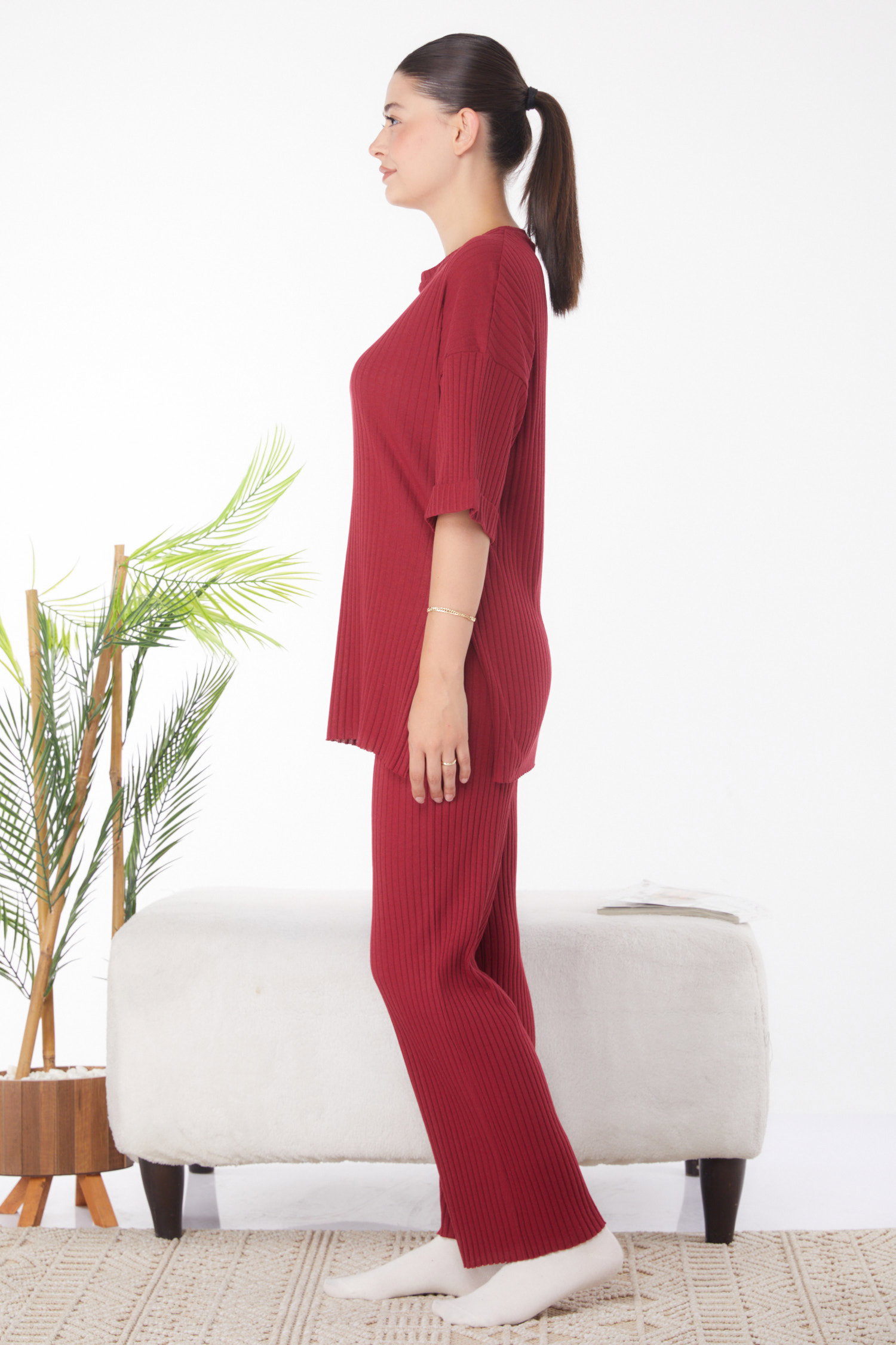 Düz Bisiklet Yaka Kadın Bordo Bislet Yaka Kısa Kollu Pijama Takımı - 24453 - 4