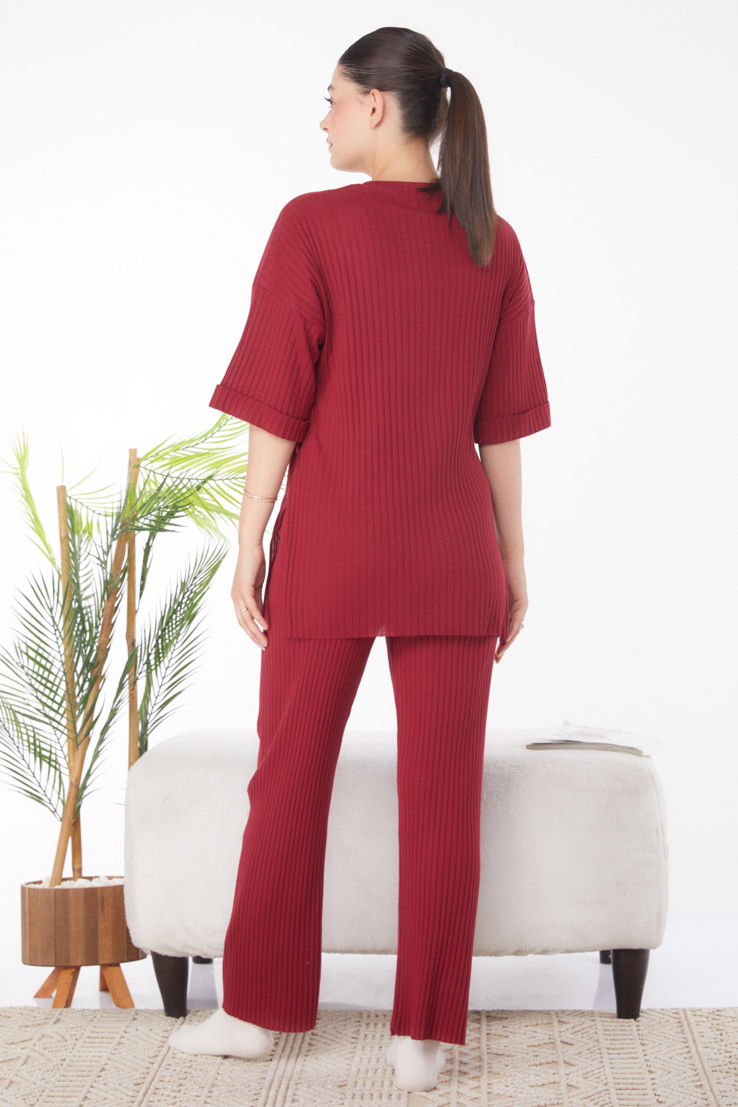 Düz Bisiklet Yaka Kadın Bordo Bislet Yaka Kısa Kollu Pijama Takımı - 24453 - 5