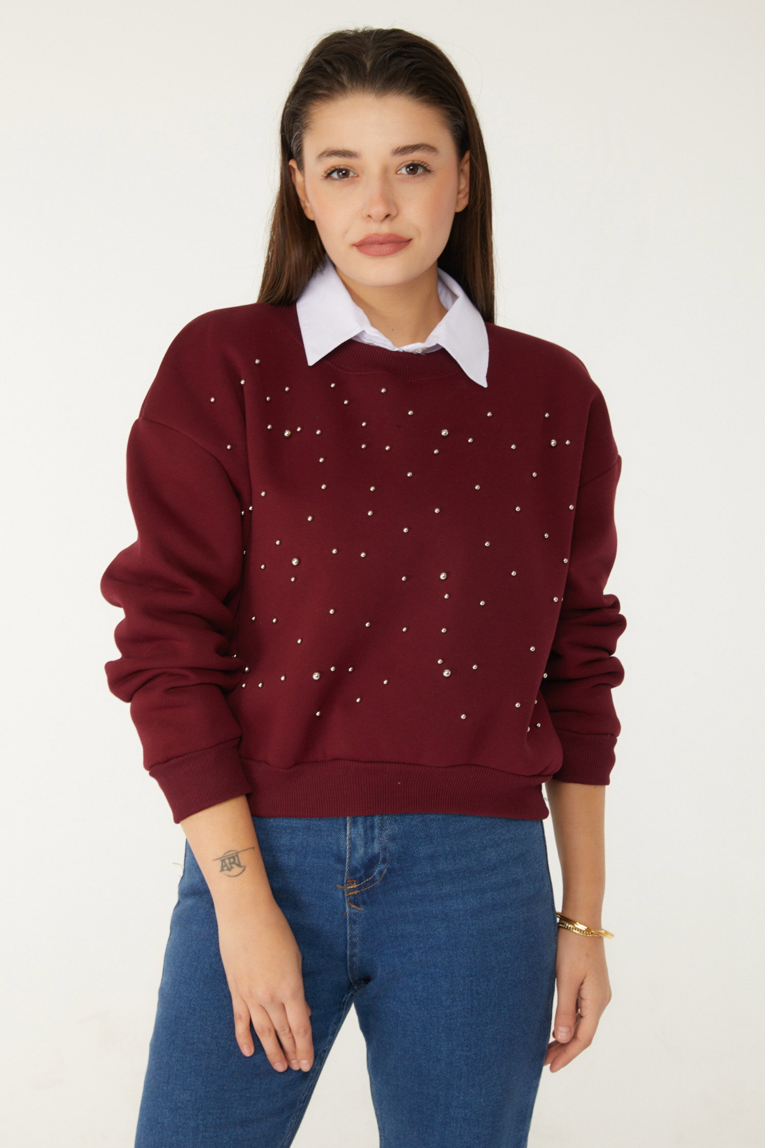 Düz Bisiklet Yaka Kadın Bordo Boncuklu Sweatshirt - 26541 - 1