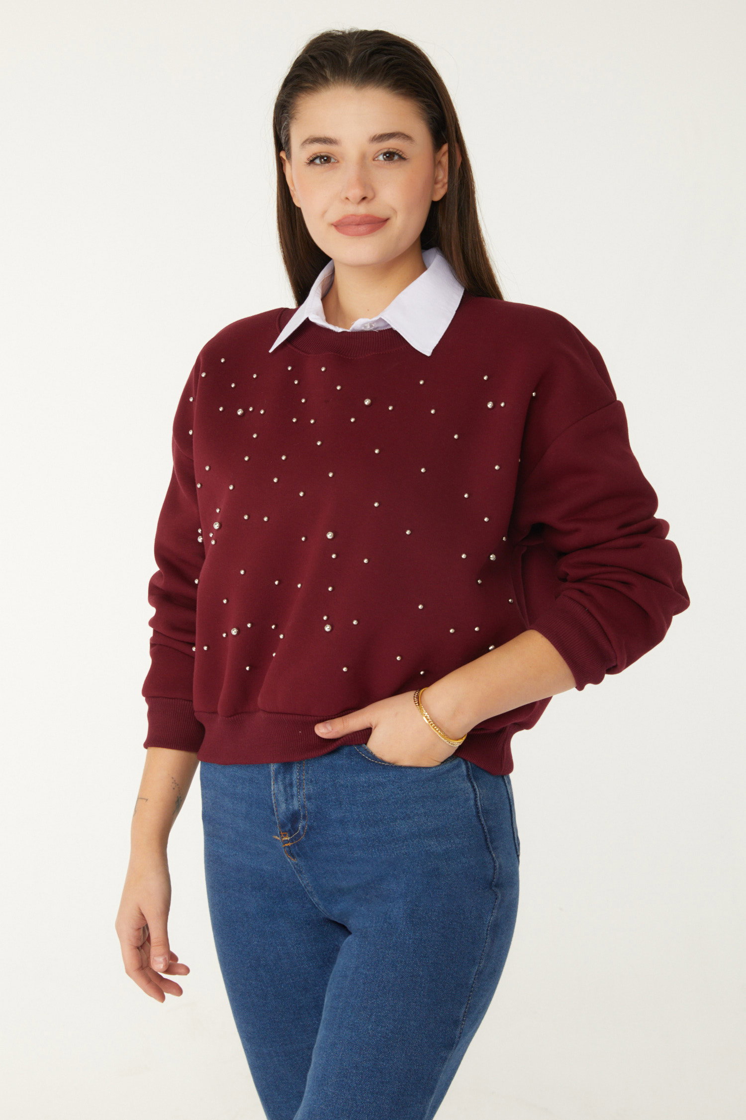 Düz Bisiklet Yaka Kadın Bordo Boncuklu Sweatshirt - 26541 - 2
