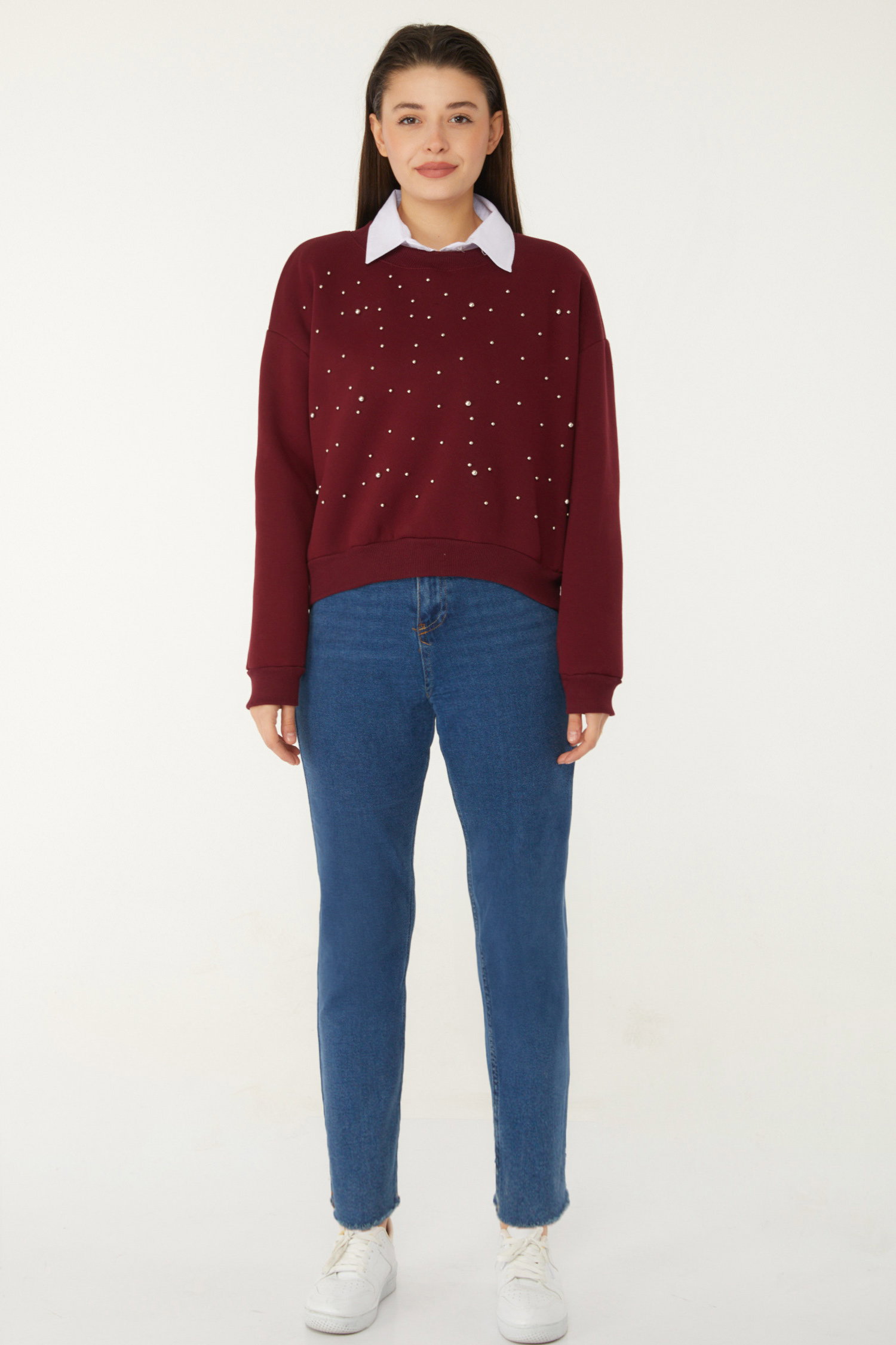Düz Bisiklet Yaka Kadın Bordo Boncuklu Sweatshirt - 26541 - 3
