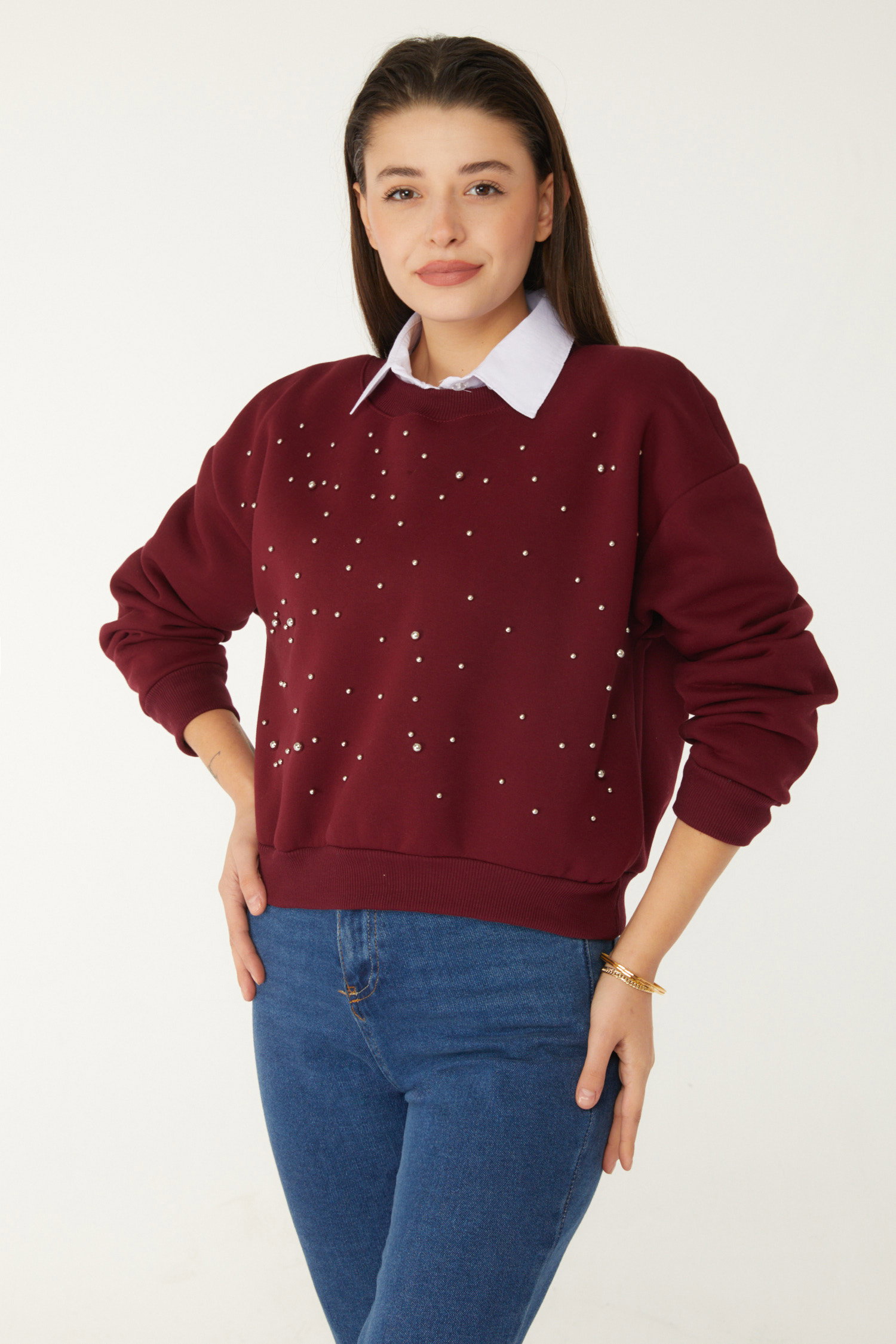 Düz Bisiklet Yaka Kadın Bordo Boncuklu Sweatshirt - 26541 - 4