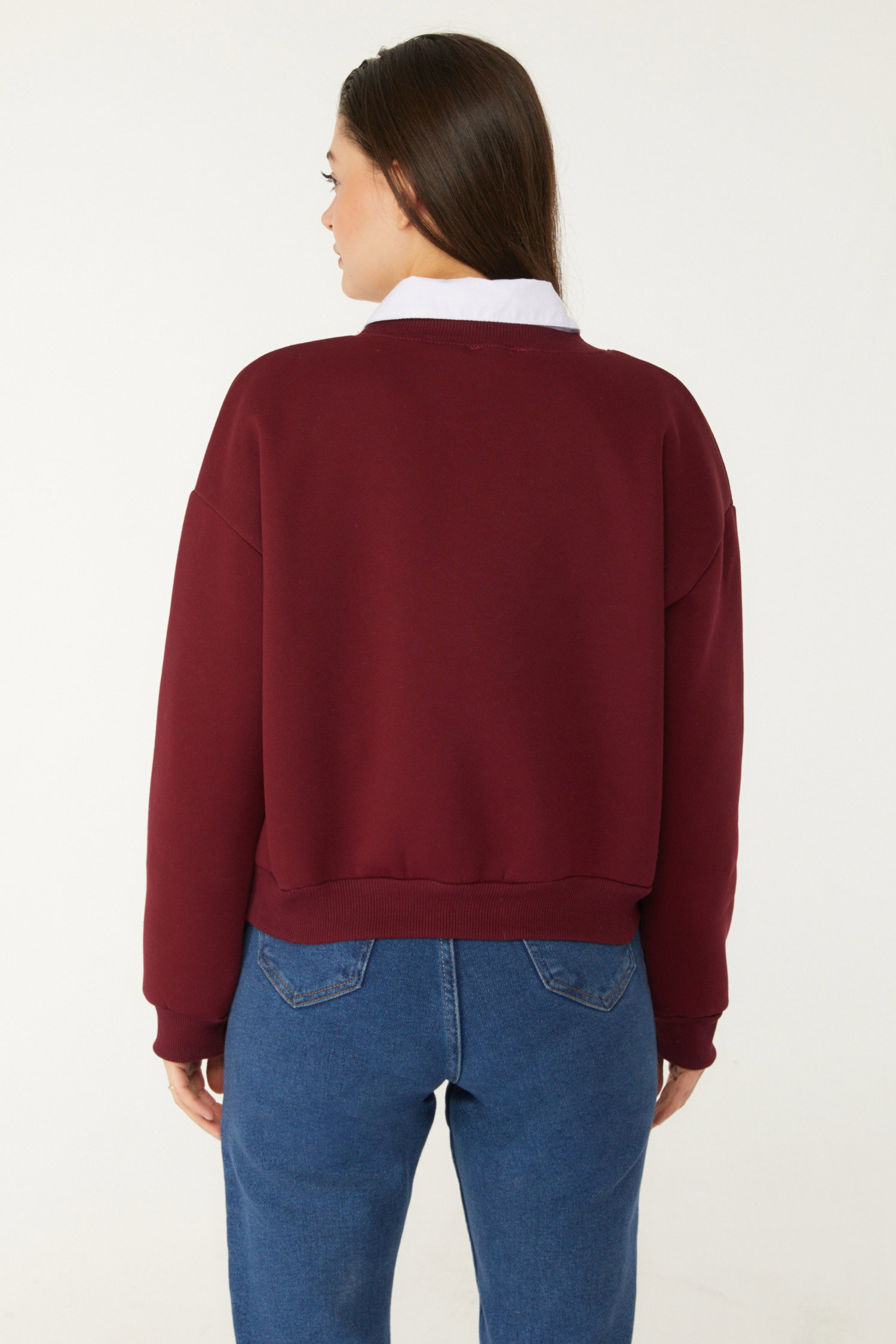 Düz Bisiklet Yaka Kadın Bordo Boncuklu Sweatshirt - 26541 - 5