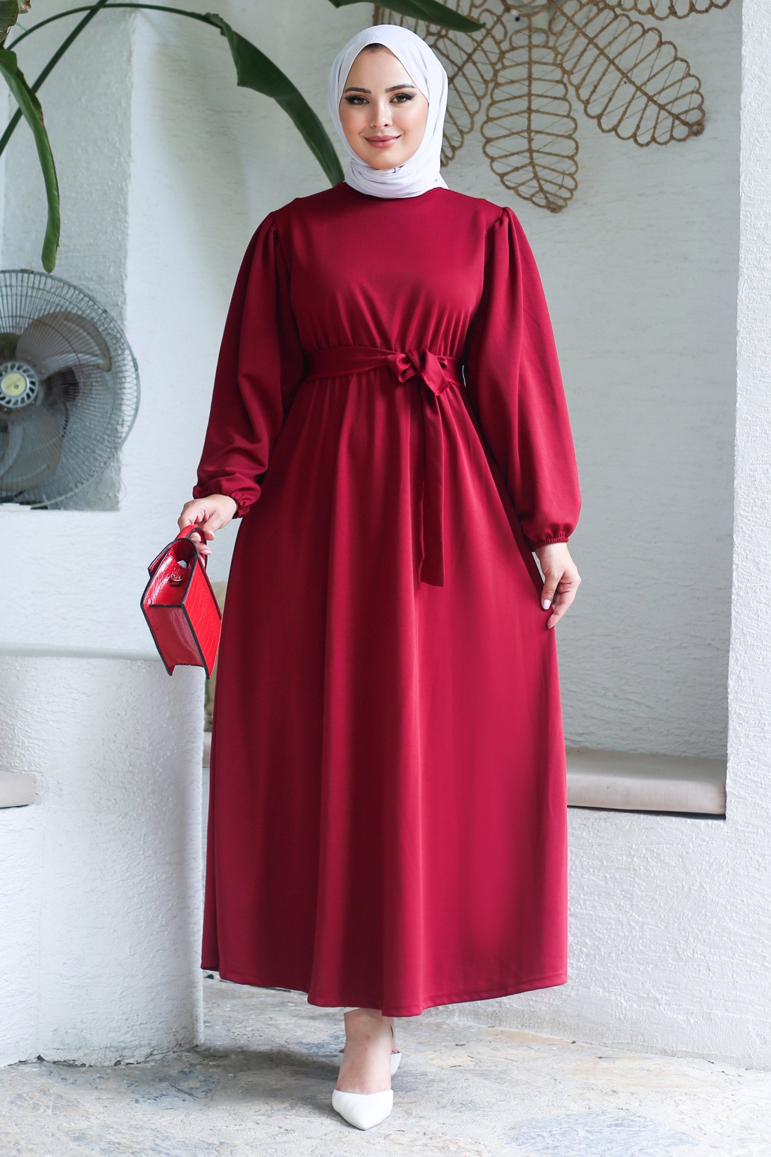 Büzgülü Elbise Bordo - 13246 - 1