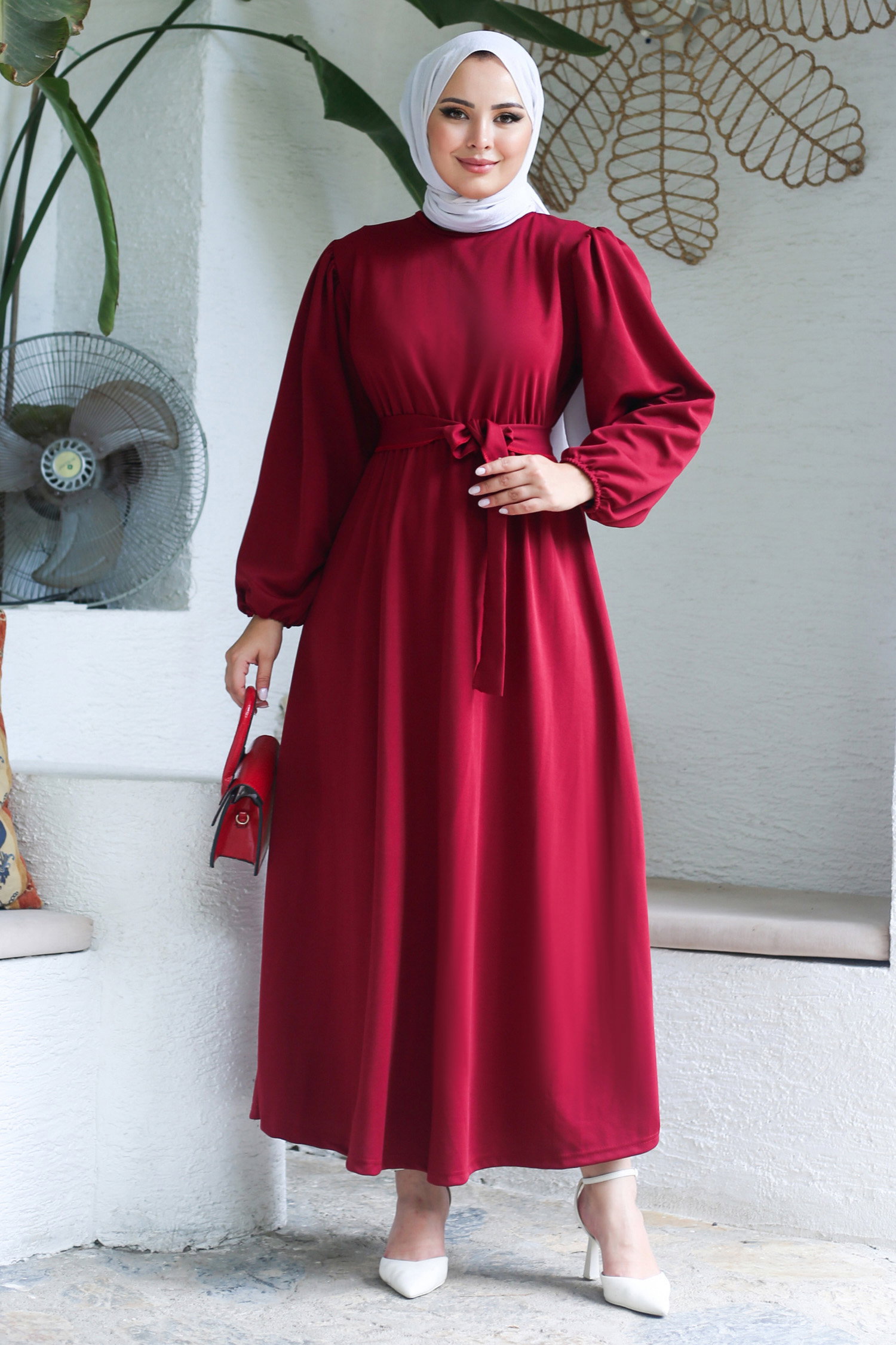 Büzgülü Elbise Bordo - 13246 - 2