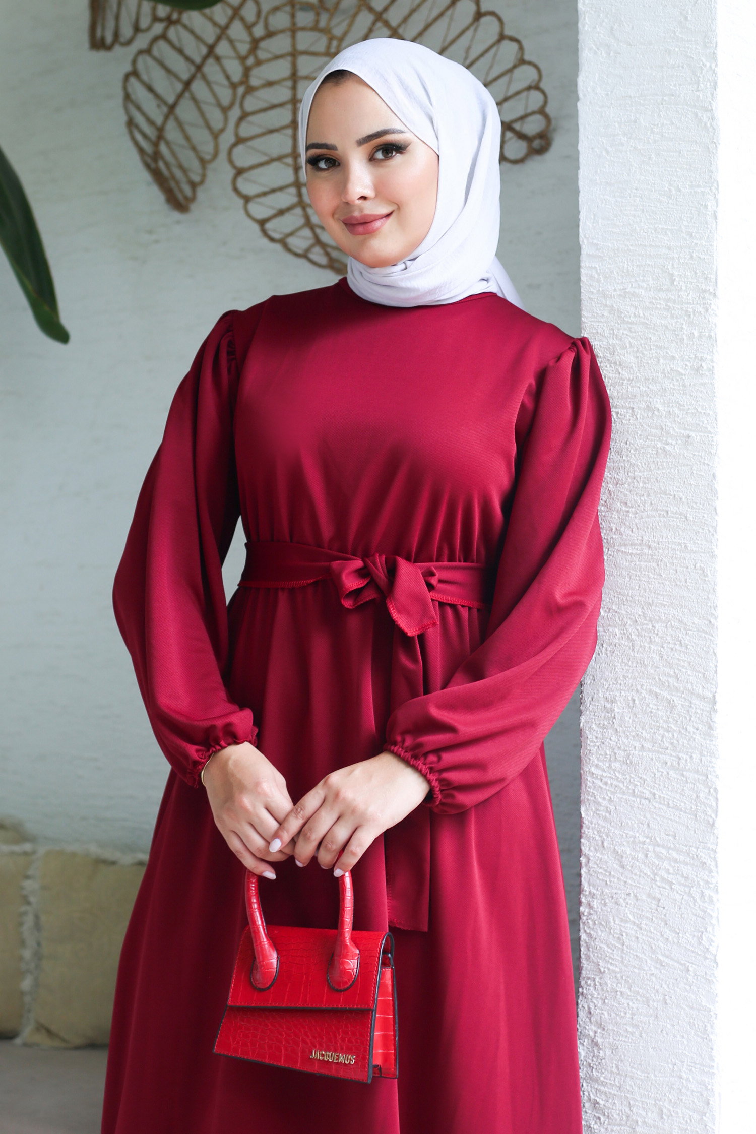 Büzgülü Elbise Bordo - 13246 - 3