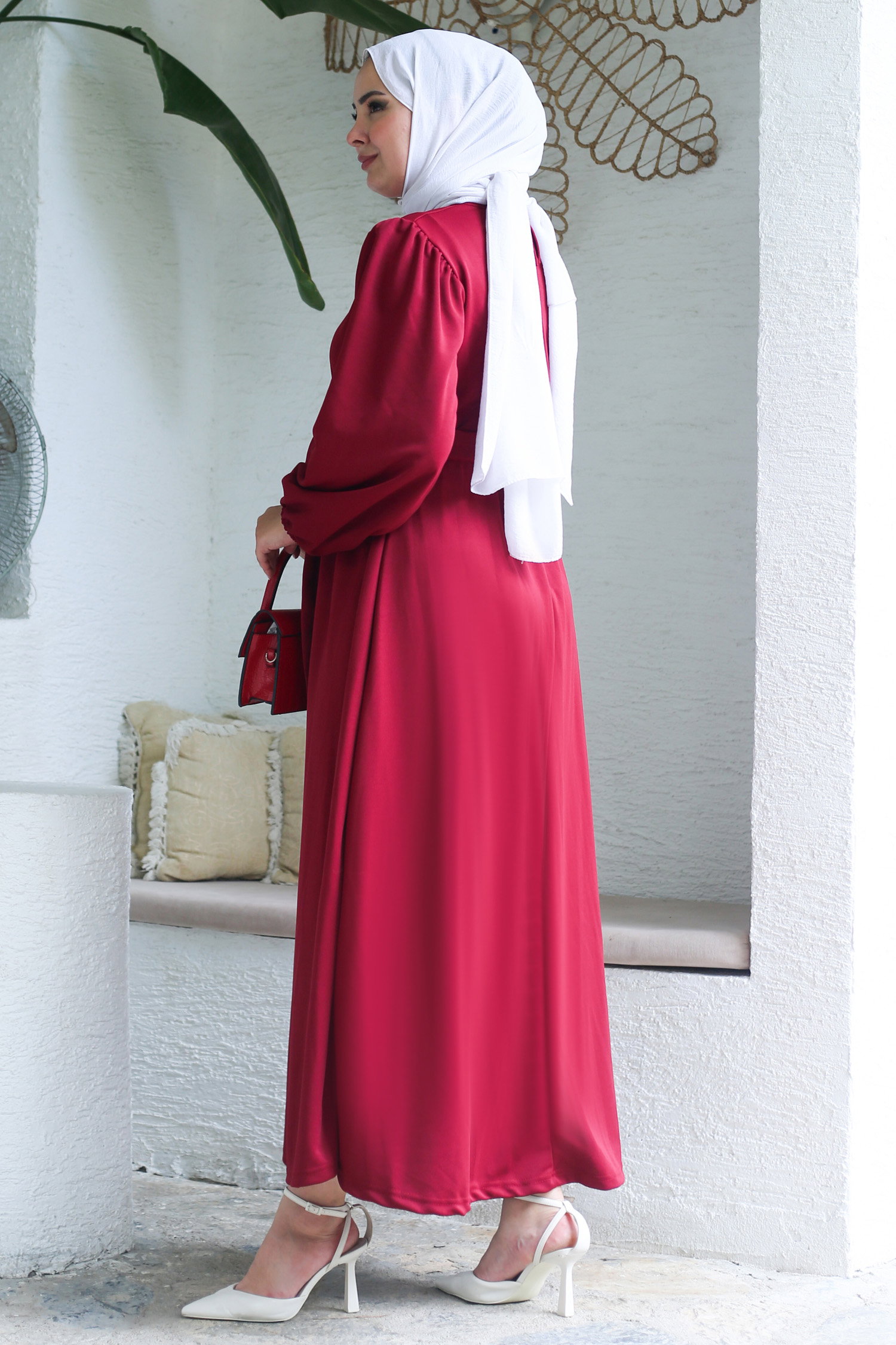 Büzgülü Elbise Bordo - 13246 - 4