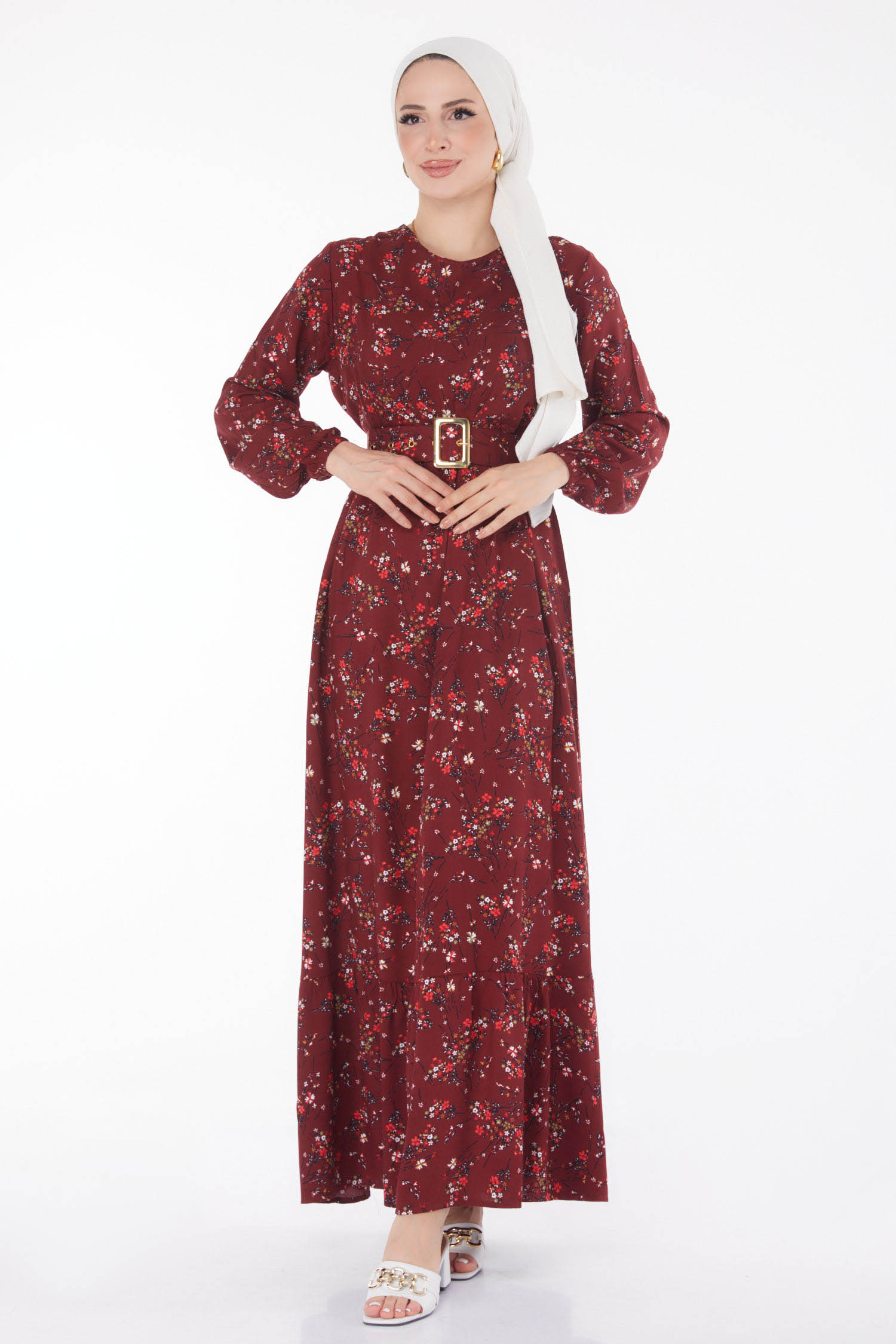Düz Bisiklet Yaka Kadın Bordo Çicek Desenli Elbise - 25706 - 3