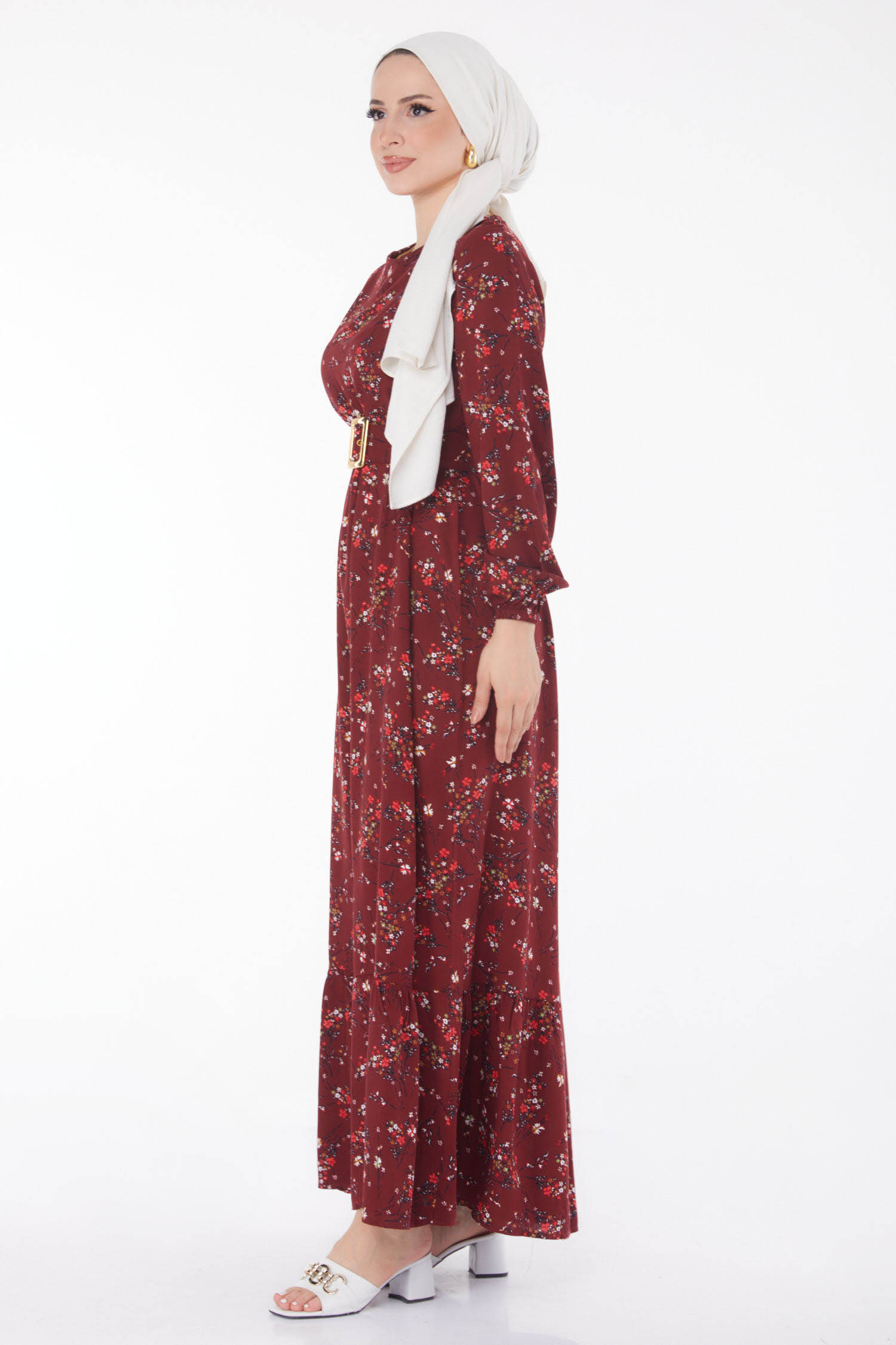 Düz Bisiklet Yaka Kadın Bordo Çicek Desenli Elbise - 25706 - 4