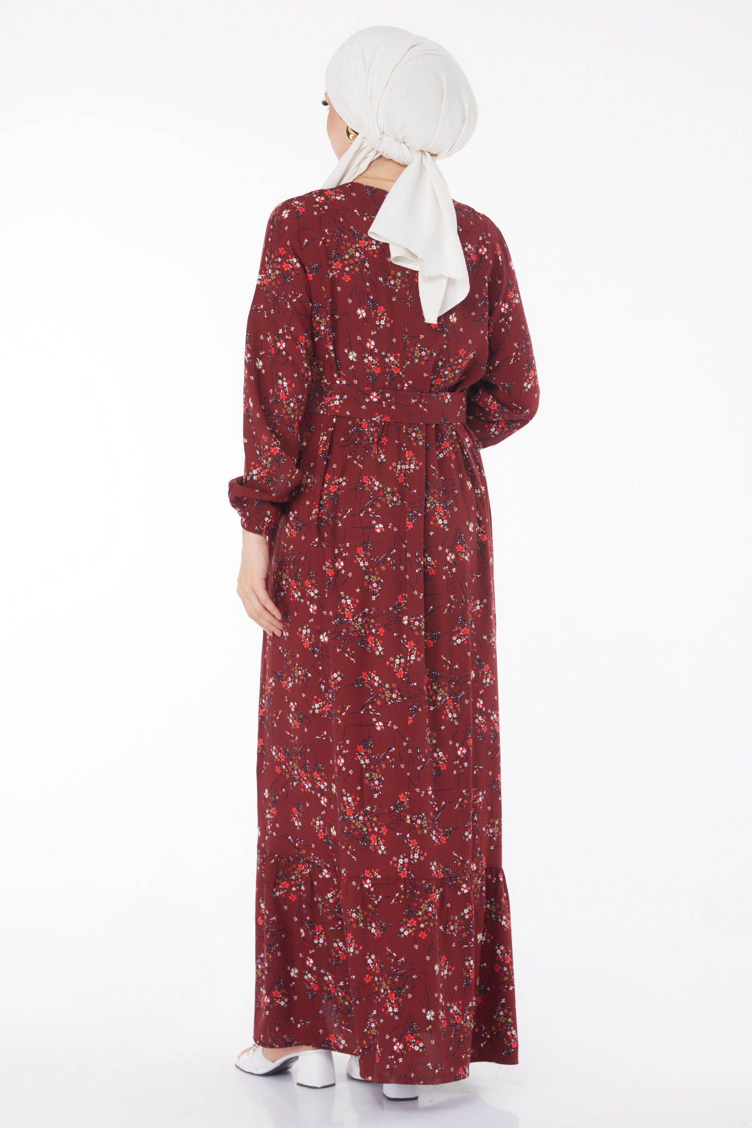 Düz Bisiklet Yaka Kadın Bordo Çicek Desenli Elbise - 25706 - 5