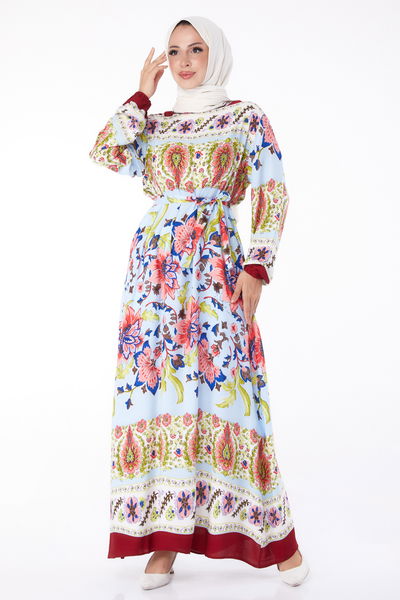 Desenli Elbise Bordo - 26234 