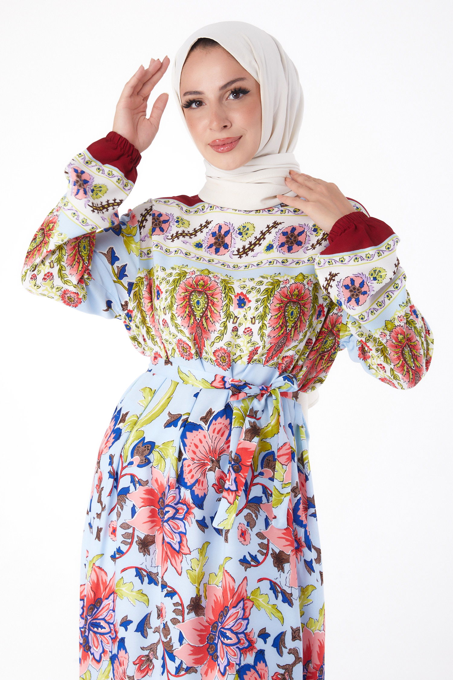 Desenli Elbise Bordo - 26234 - 3