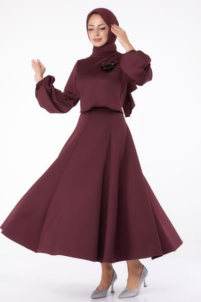 Düz Bisiklet Yaka Kadın Bordo Etek + Bluz - 24066 