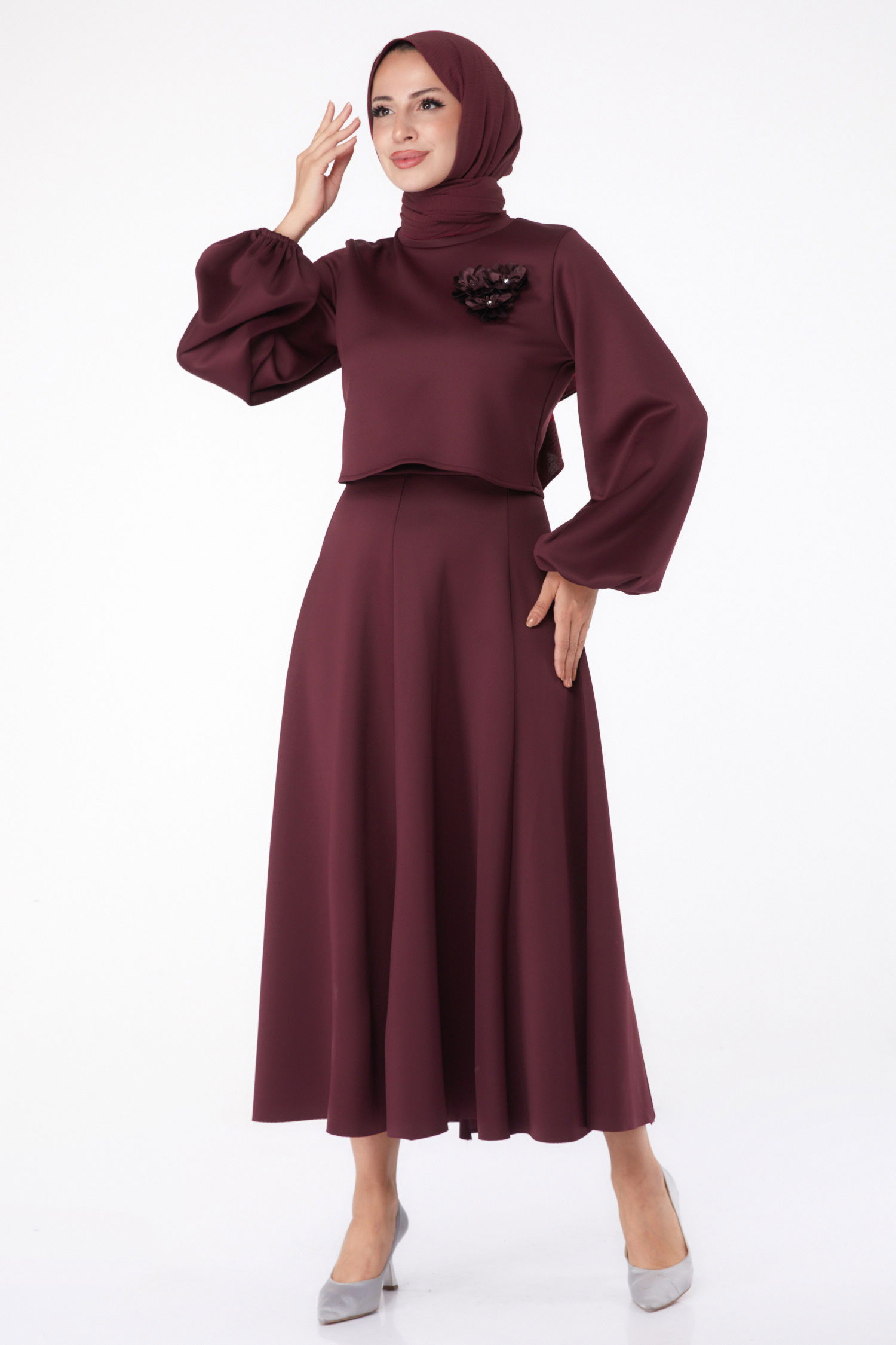 Düz Bisiklet Yaka Kadın Bordo Etek + Bluz - 24066 - 2