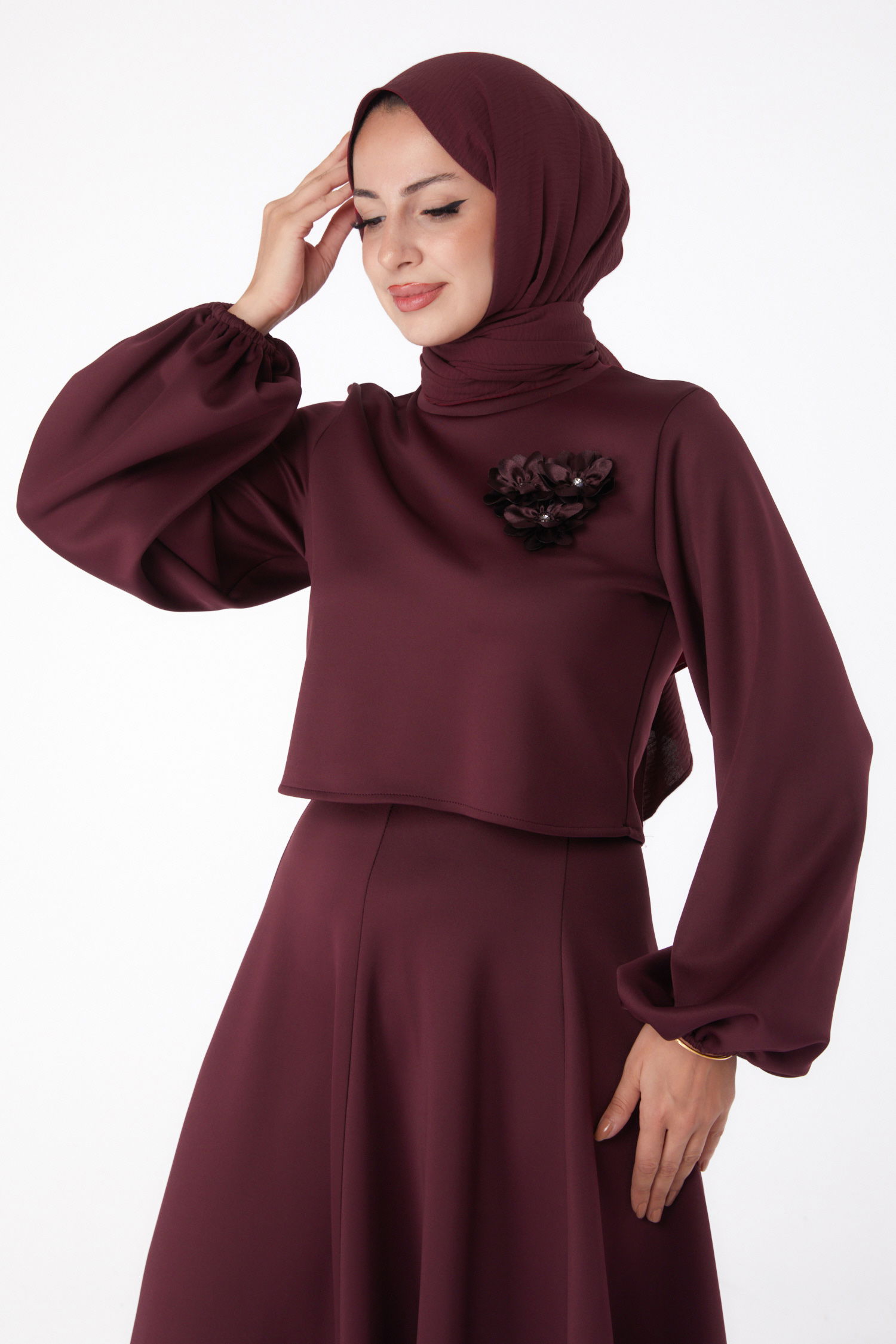 Düz Bisiklet Yaka Kadın Bordo Etek + Bluz - 24066 - 3