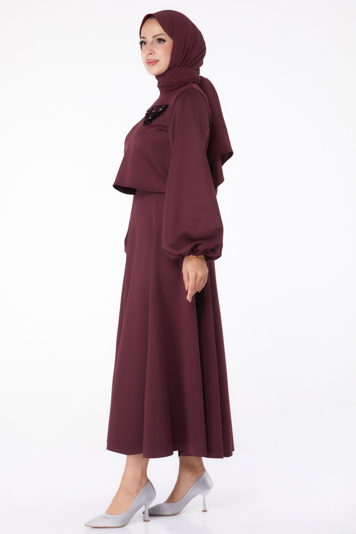 Düz Bisiklet Yaka Kadın Bordo Etek + Bluz - 24066 - 4