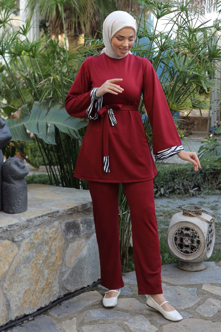Düz Bisiklet Yaka Kadın Bordo Garnili İkili Takım - 13209 - TOFİSA