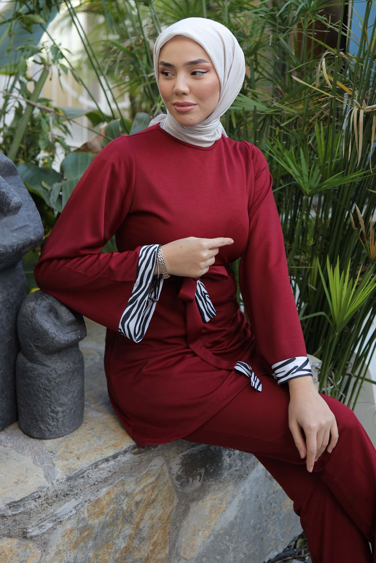 Düz Bisiklet Yaka Kadın Bordo Garnili İkili Takım - 13209 - TOFİSA