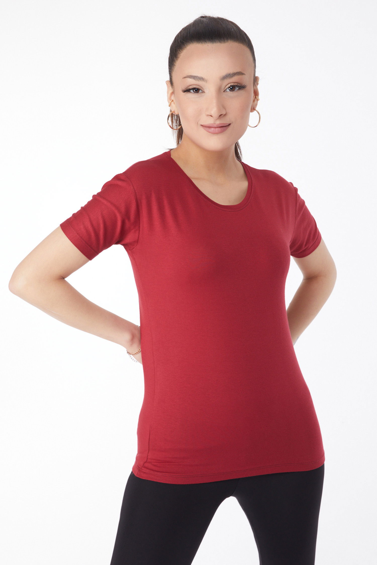 Kısa Kollu Baskısız T-shirt Bordo - 24764 - 1