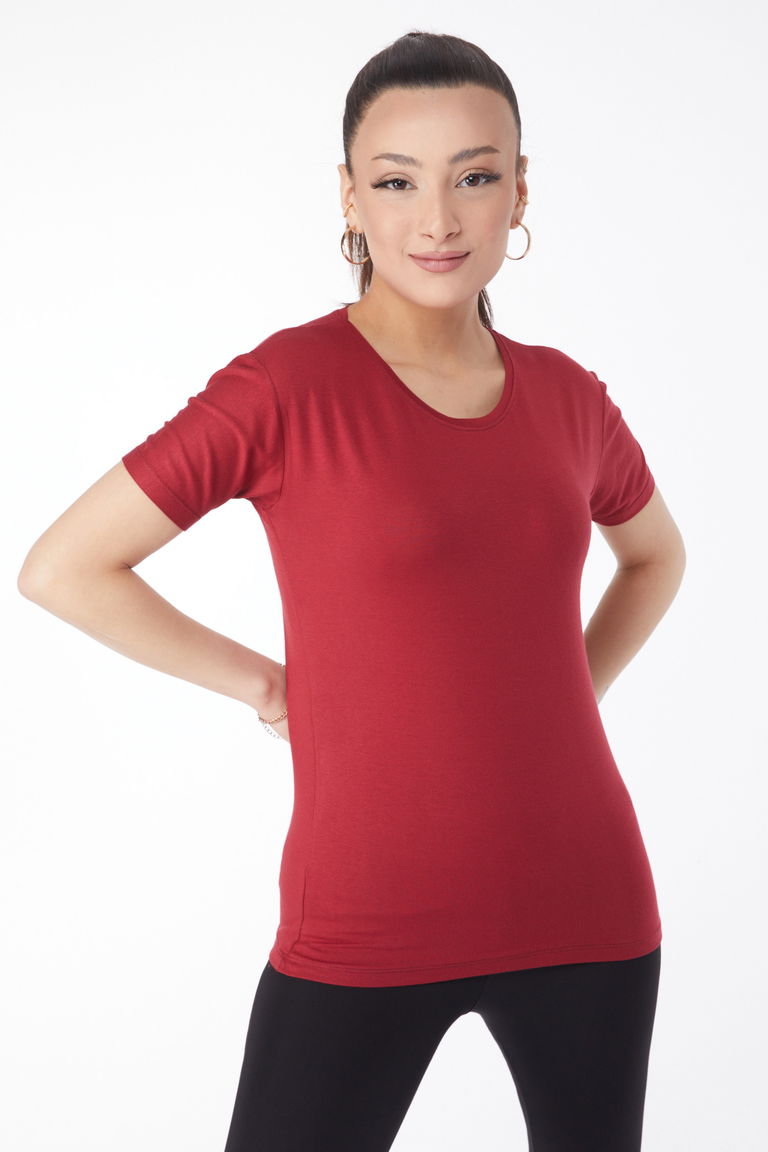 Kısa Kollu Baskısız T-shirt Bordo - 24764 - TOFİSA