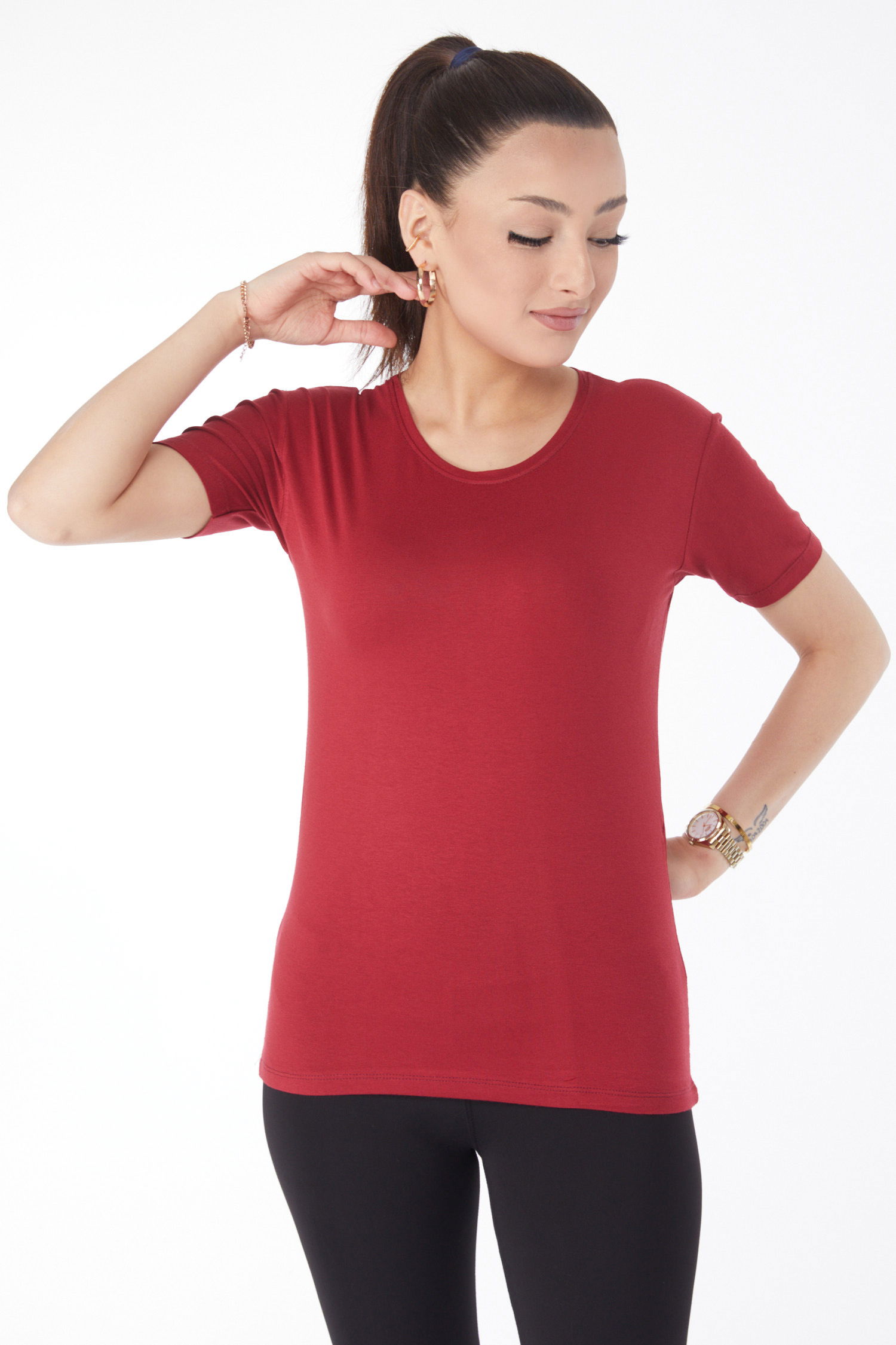 Kısa Kollu Baskısız T-shirt Bordo - 24764 - 2