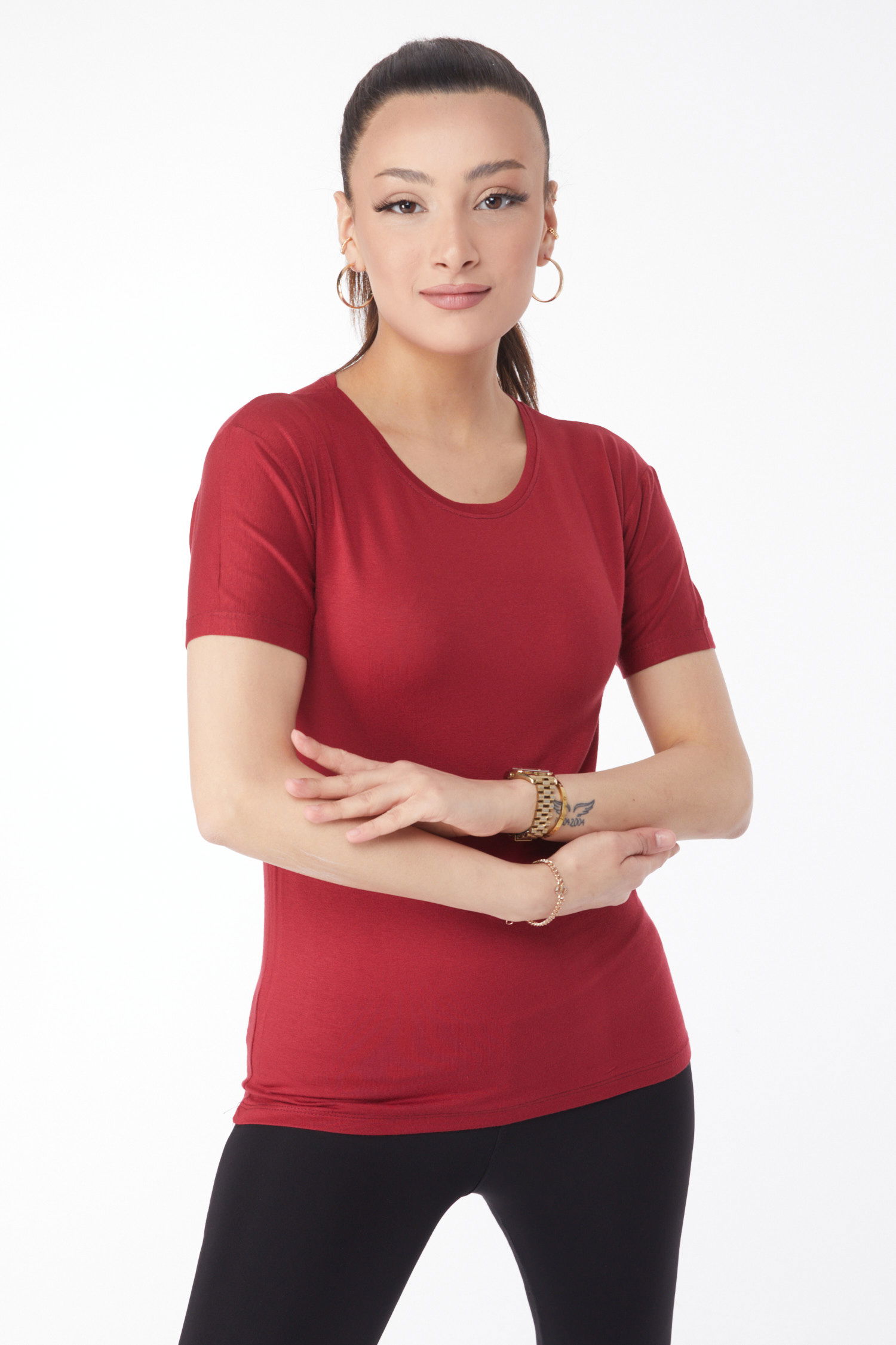 Kısa Kollu Baskısız T-shirt Bordo - 24764 - 3