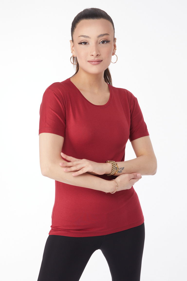 Kısa Kollu Baskısız T-shirt Bordo - 24764 - TOFİSA